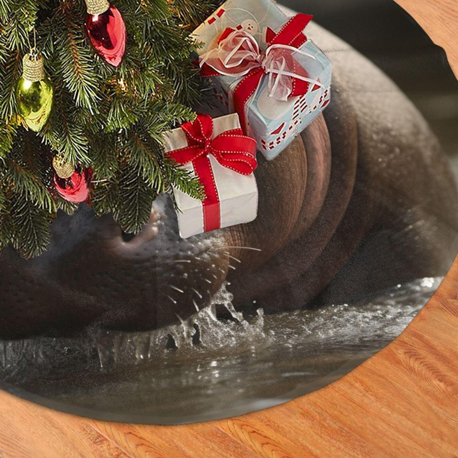 Fodpand Black Hippo Christmas Tree Skirt 48" Velvet Xmas Tree Skirt Mat Rustic Christmas Tree Mat Cover Winter Xmas Tree Collar For Indoor Outdoor Christmas Decorations
