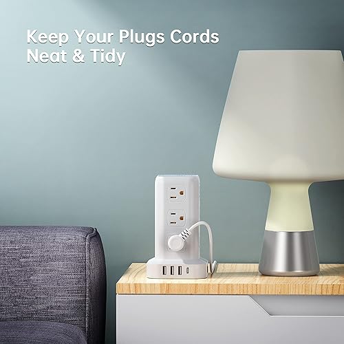 Miniatura 7 de Regleta protectora contra sobretensiones de torre con 12 tomacorrientes, 4 USB (1 USB C), cable de extensión de 6.5 pies con múltiples tomas,
