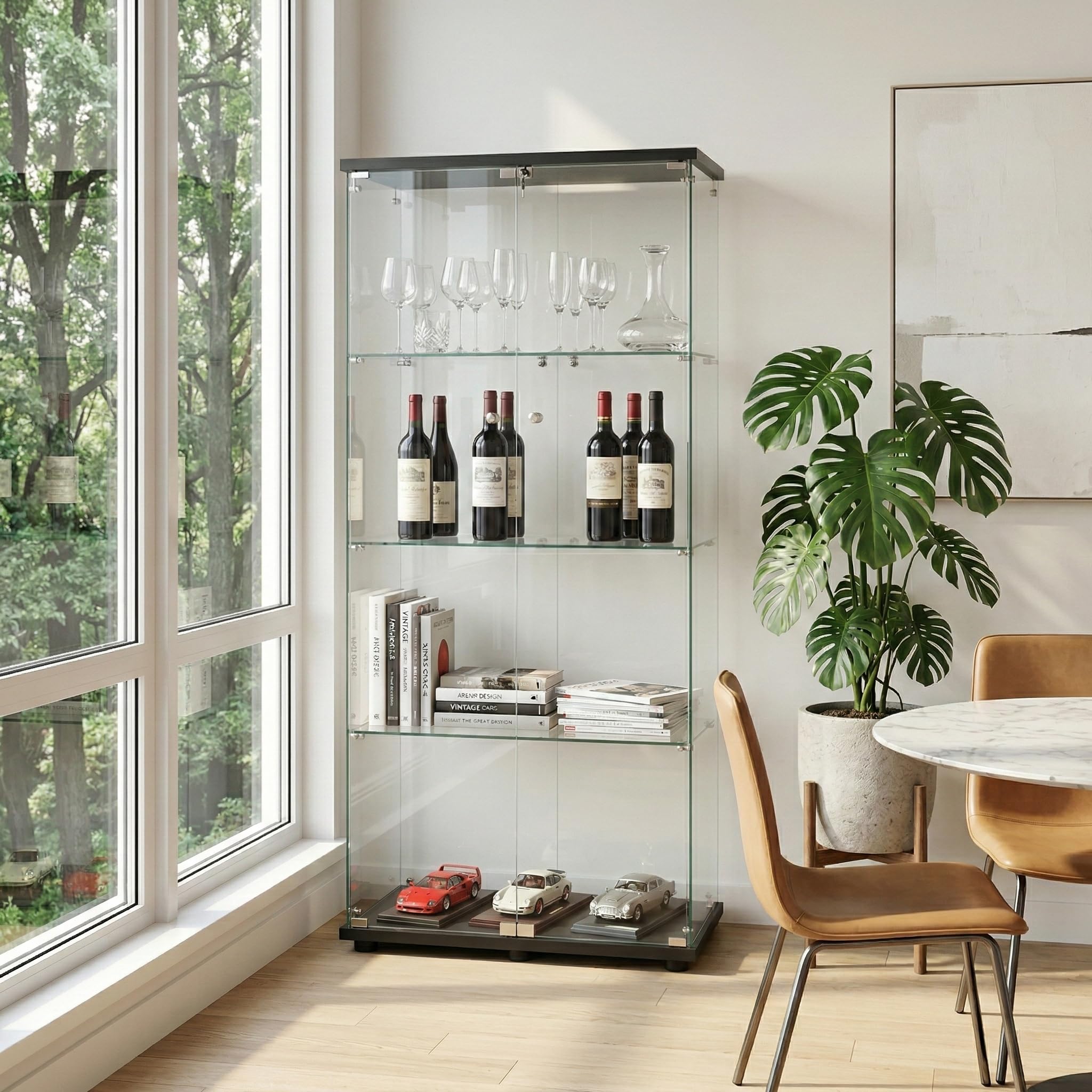 Vitrina de cristal, 80,6 x 36,5 x 164,5 cm, moderno, de cristal, con 2 puertas de cristal y 4 estantes de cristal, adecuado para salón, dormitorio, oficina, color negro