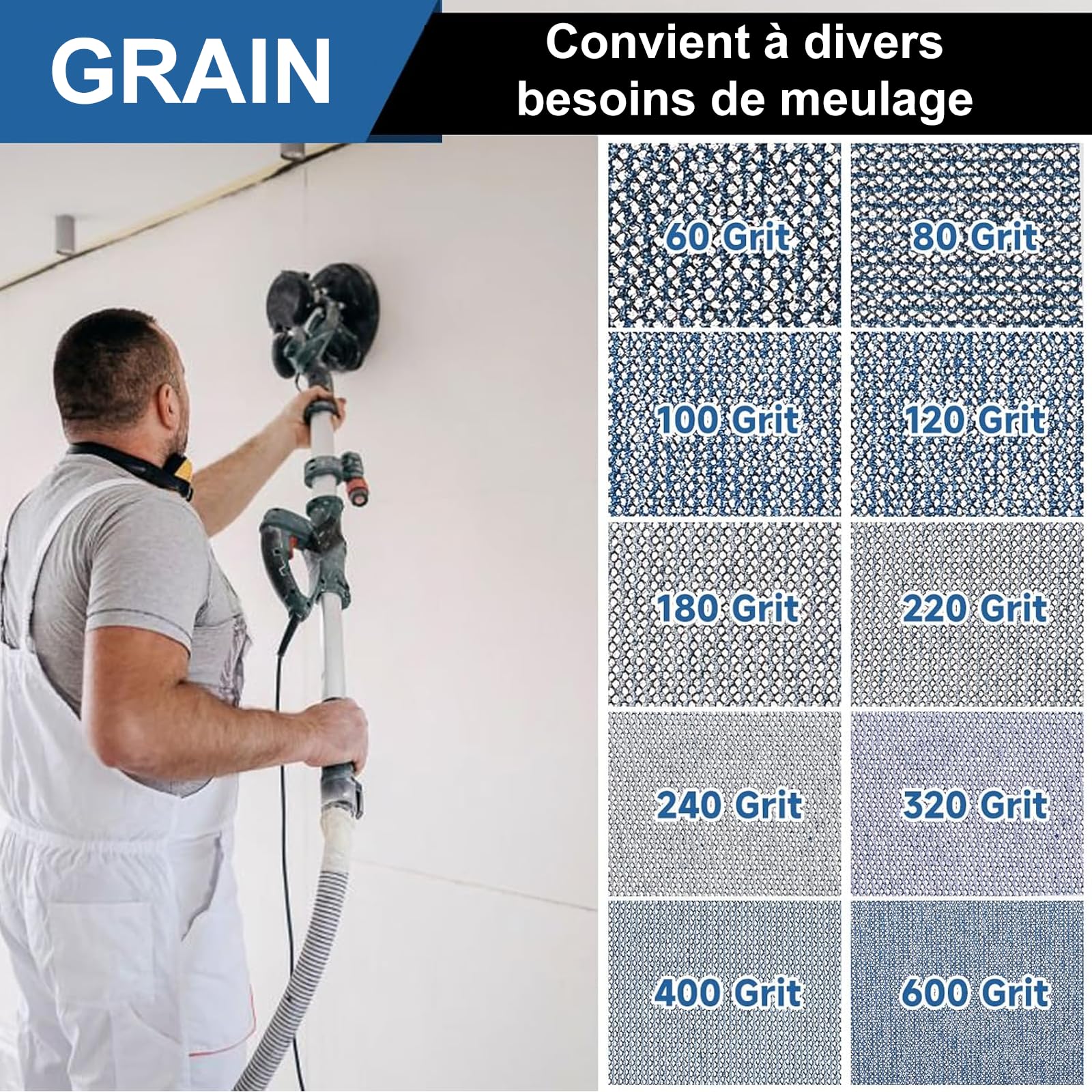Lot de 25 Disques Abrasifs 225mm Maille, Filet Céramique Papier à Poncer | Grain 60/80/120/180/240 Anti Poussière Papier de verre Disque de ponçage Pour Ponceuse Girafe, Murale et Plâtre Téléscopique