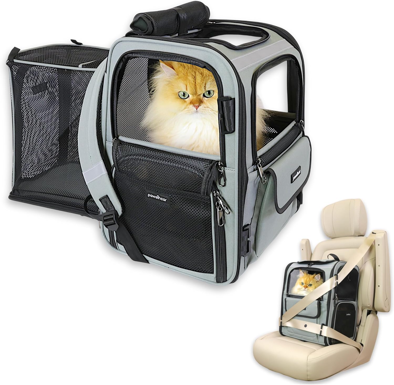 Crash-Tested Multi-Window & Expandable Cat Backpack Carrier | 2-in-1 Cat Car Seat & Dog Backpack Carrier | 4 Windows, 4-Side Breathable, Zipper Locks, Foldable | Perfect for Hiking & Pet Car Travel.