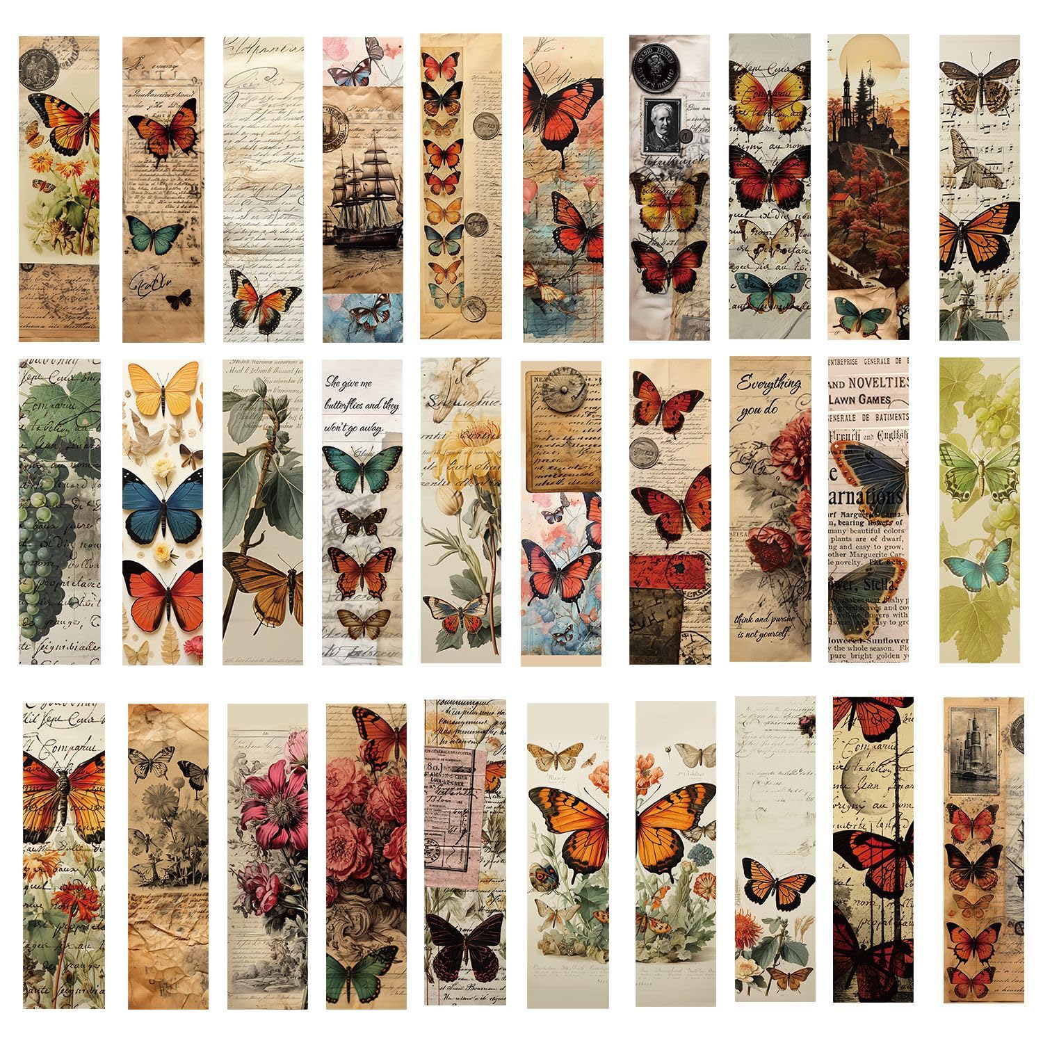 30pcs Vintage Paper Bookmarks Retro Butterflies Themed Reading Book Mark Aesthetic Book Accessories for Book Lovers Gifts School Essential Stationery (O)