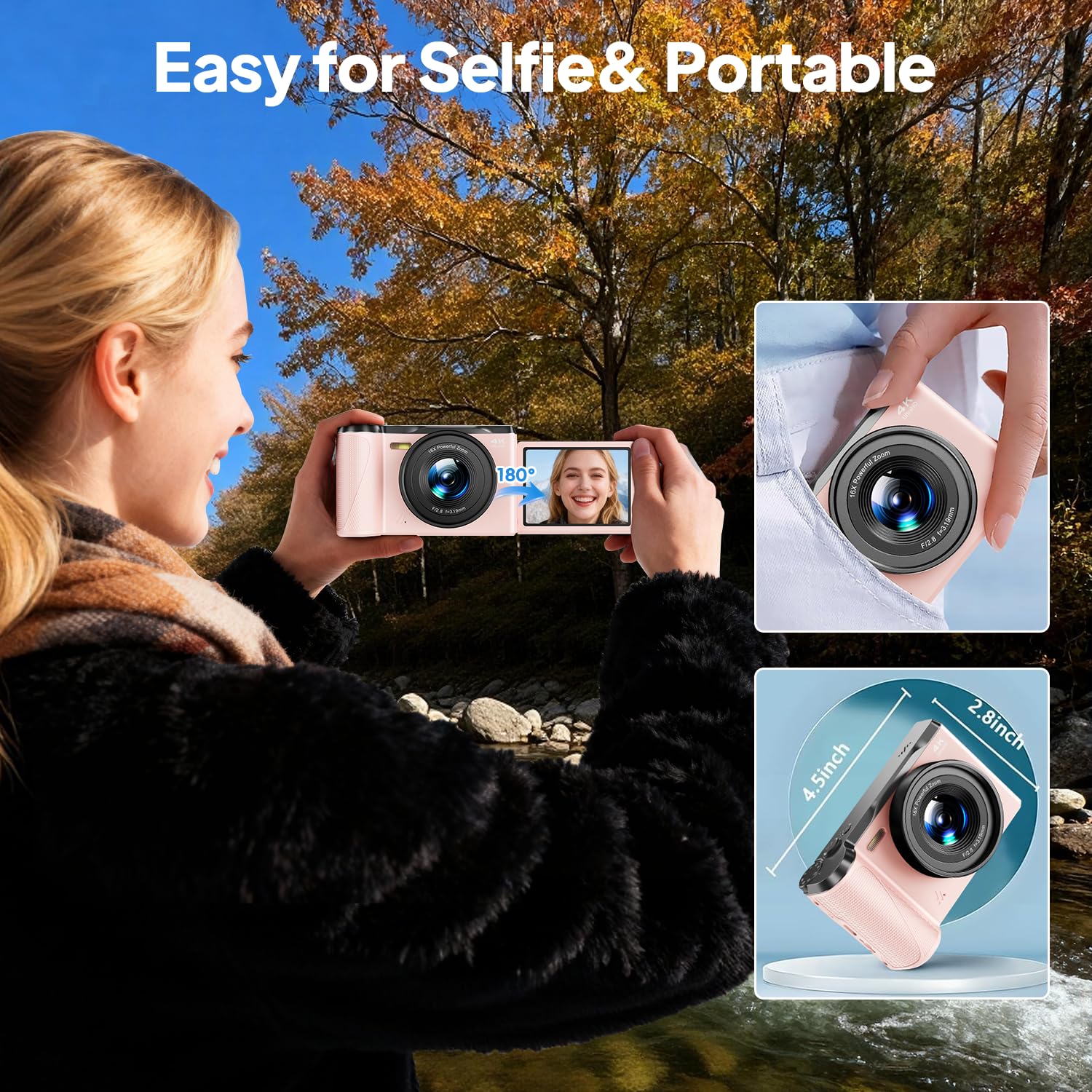 Fotocamera Digitale 4K per Fotografia e Video, Point and Shoot Fotocamera Digitale con Flip Screen, Piccola Fotocamera Digitale con WiFi e Bluetooth, Fotocamera Vlogging per Registrazione Video