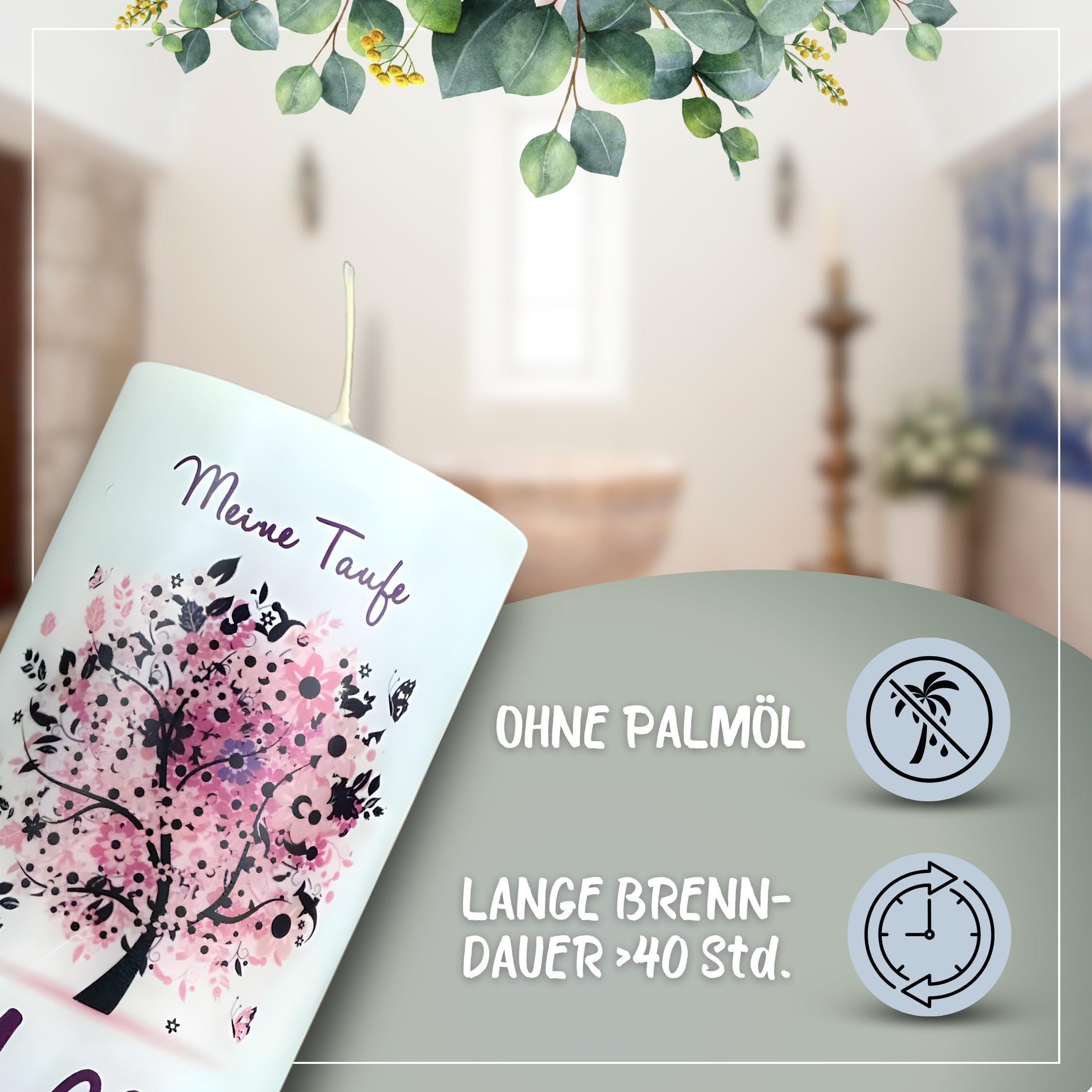 KERZENWACHSTANTE® Taufkerze "Baum des Lebens" u. Bibelmotiv 25x8 cm - Mit Wunschnamen - Geschenk zur Taufe für Jungen & Mädchen – Handarbeit mit Vintage Spitze & Schleife in pflaume-rosa