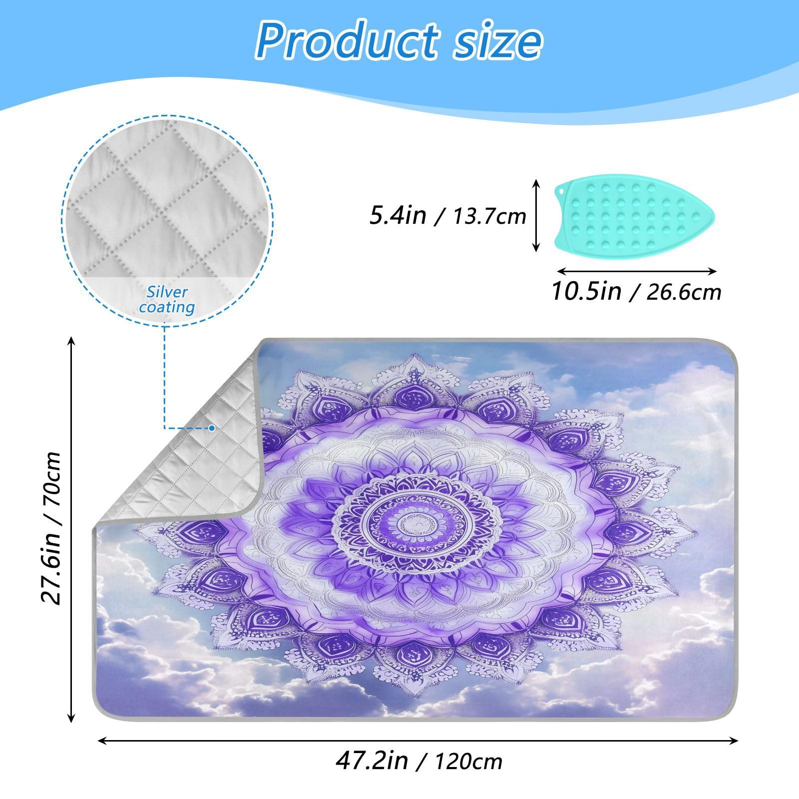 pnyoin Portable Ironing Mat Mandala Design Purple Travel Ironing Pad with Silicone Iron Rest for Steam Pressing on Tabletop or Bed Heat Resistant Portable Quilting & Travel Blanket