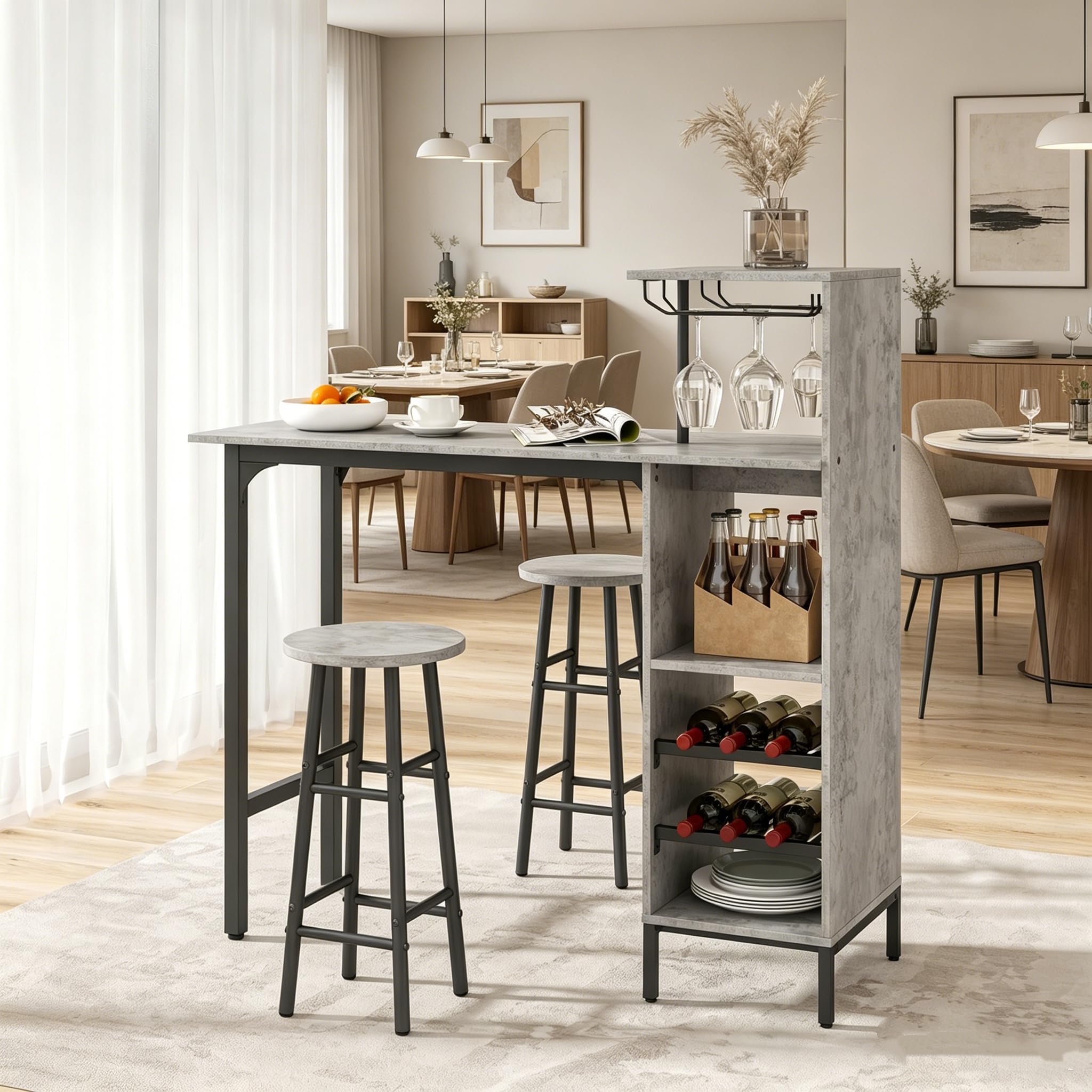 LIFEZEAL Juego de Comedor con 2 taburetes de Bar, Barra de Cocina con 2 sillas Altas, Mesa de Bar con peldaños Abiertos, botellero para Copas de Vino, para Cocina, salón y Bar (Gris)