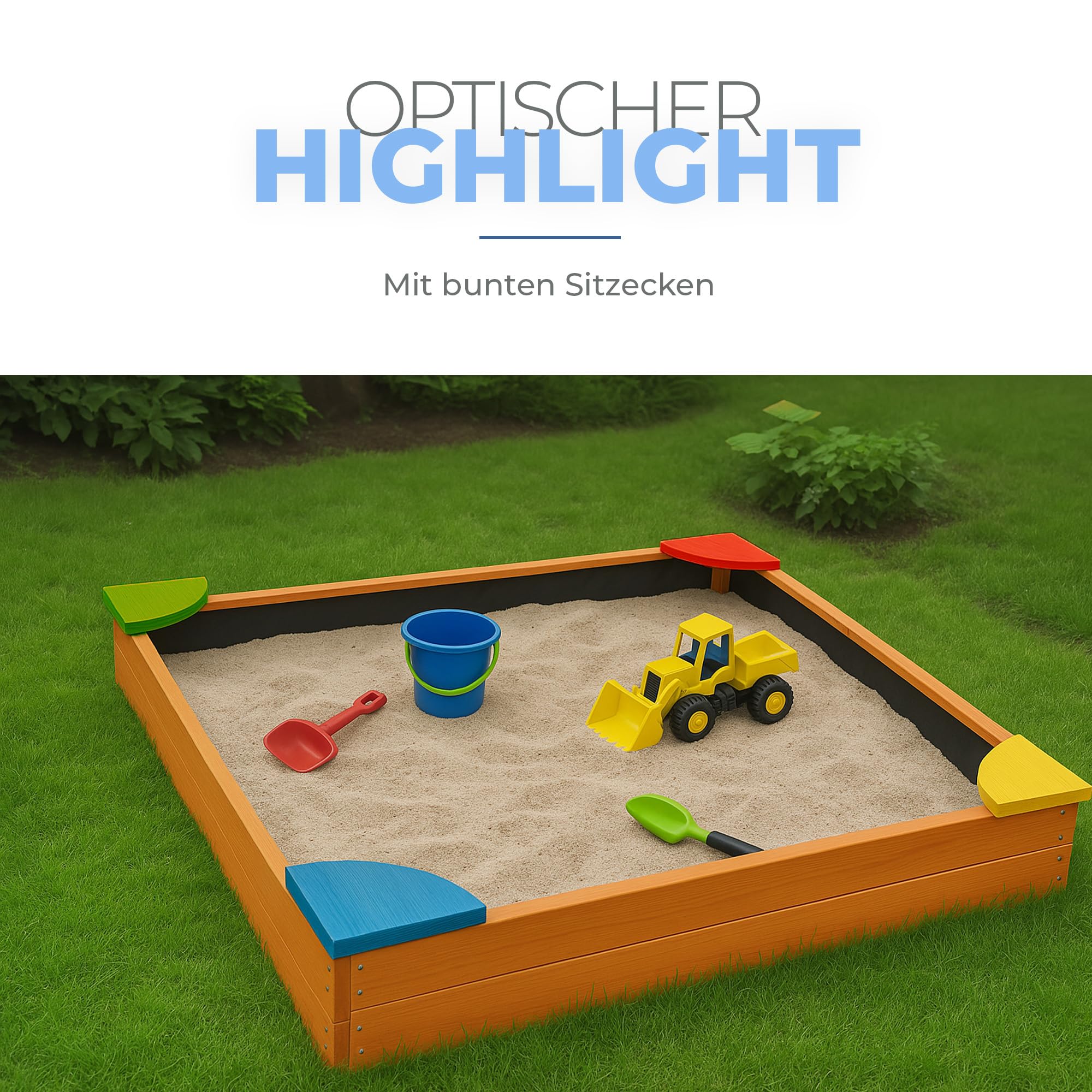 Bestlivings Sandkasten mit Abdeckung 90x90x16 cm, Holz Sandbox inkl. Bodenplane gegen Unkraut und Käfer, Buddelkasten mit bunten Ecken für den Garten