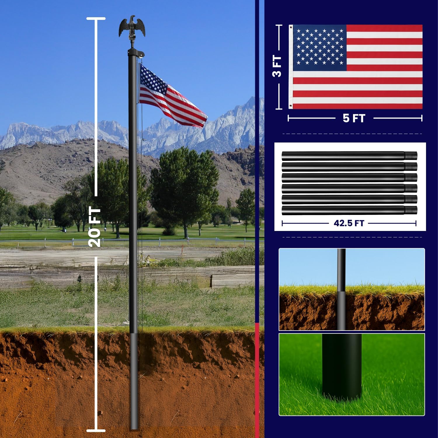 20FT Heavy Duty Flag Pole for Outside House, 12 Gauge Extra Thick Aluminum Flagpole Kit, 100MPH Wind Resistance Tested, Residential & Commercial Flag Pole with 3x5 American Flag, Concrete Mountable with Installation Guide, Black - Image 2