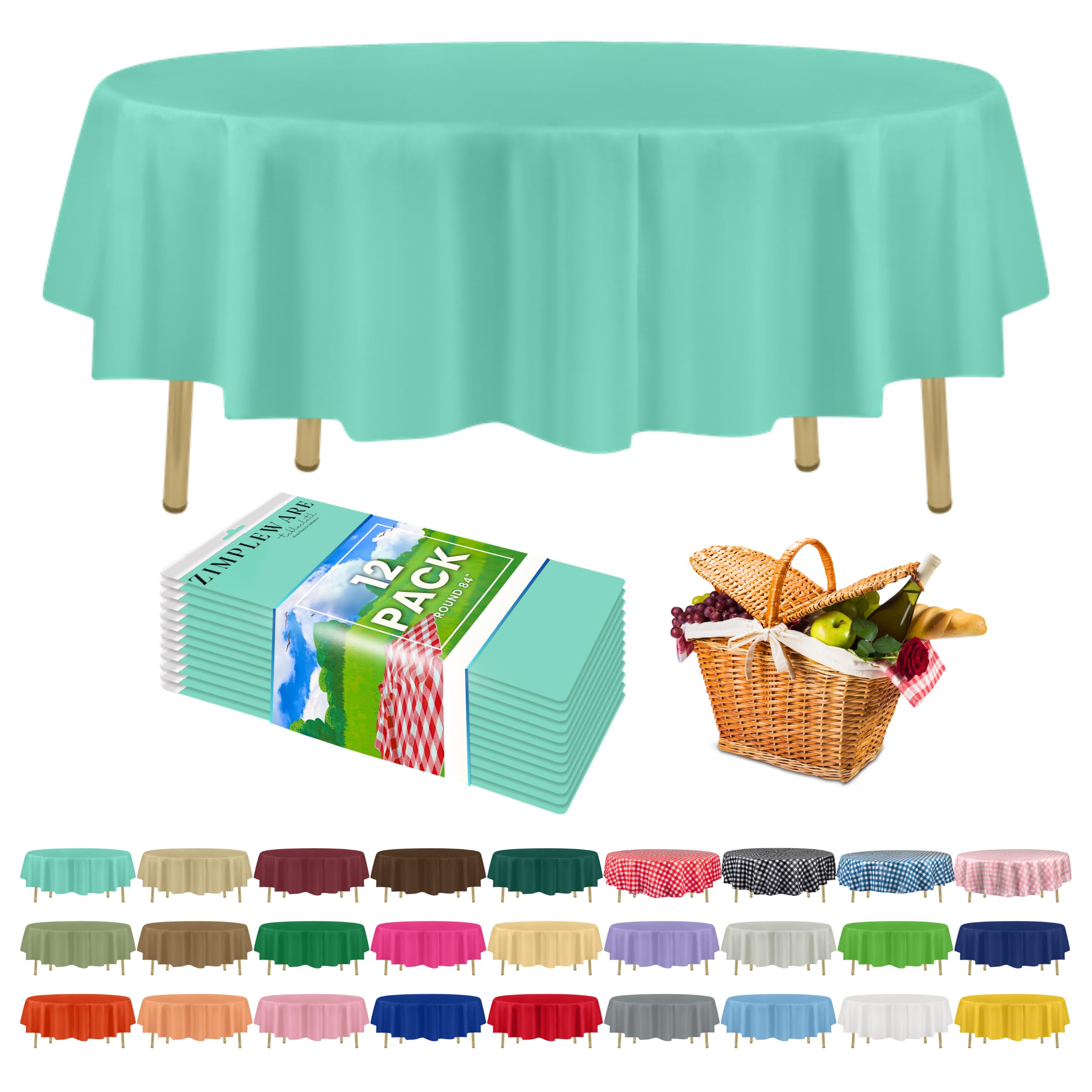 ZIMPLEWARE Premium Aqua Plastic Table Cloth Disposable (12 Pack) Round Tablecloth (84in) Party Table Cloths Disposable, Perfect Table Cloth Round Cover for Any Table Up to 6 Feet — image 1