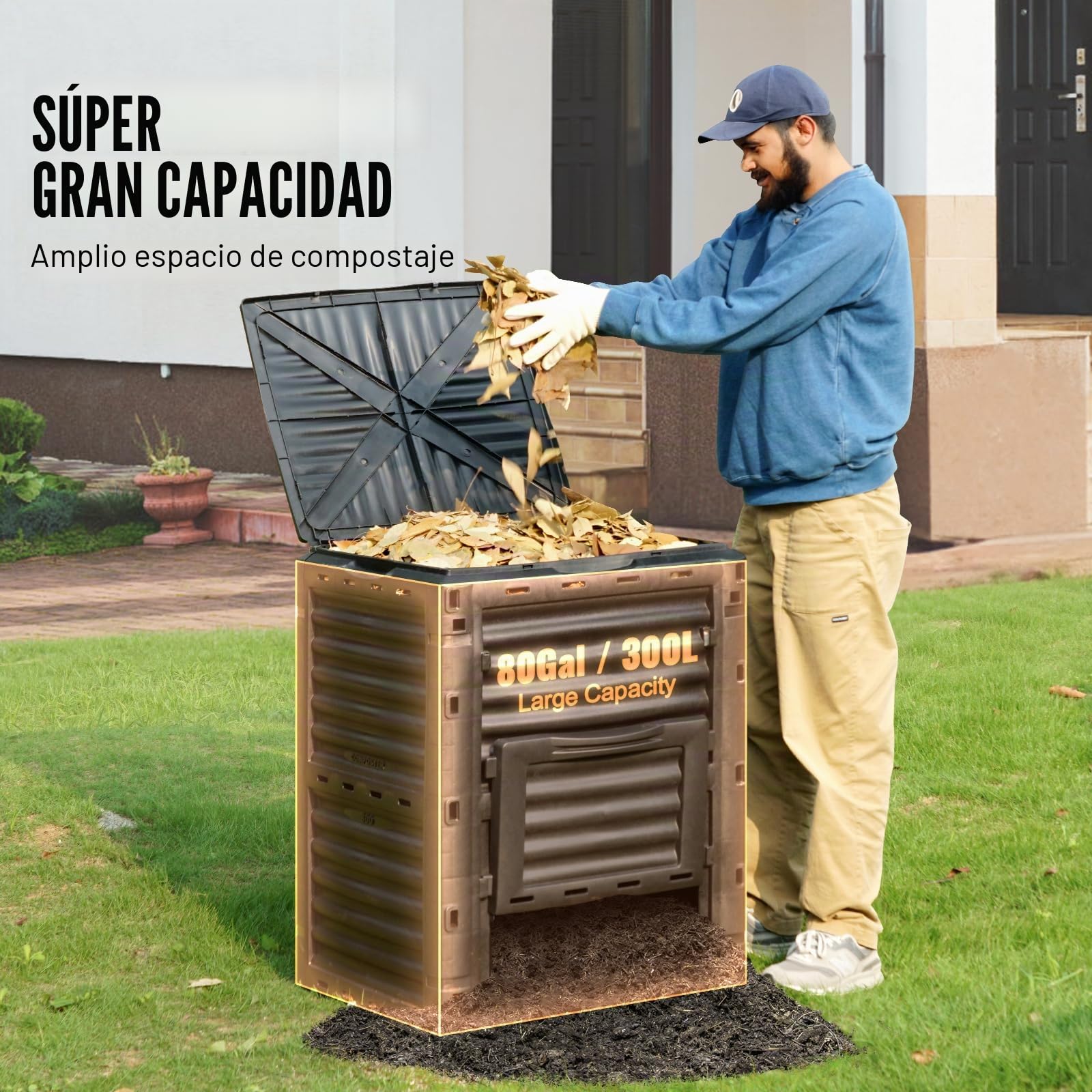 VEVOR Compostador de Jardín 300 L sin BPA Contenedor de Abono para Exteriores con Tapa Puerta Inferior Gran Capacidad Fácil de Instalar para Recolectar Hojas Compostaje Creación Rápida Suelo Fértil