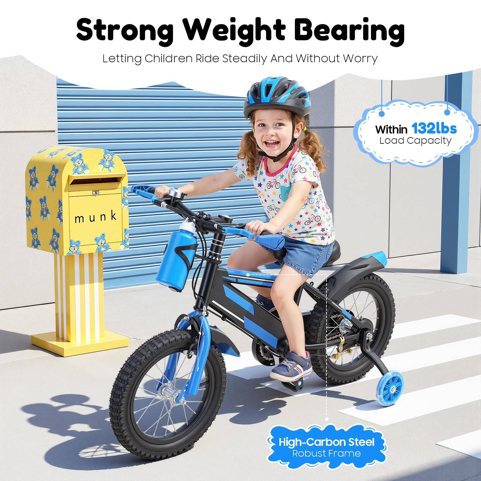 14-Zoll Kinderfahrrad für 3-7 Jährige, verstellbares Kinderfahrrad mit Stützrädern und Trinkflasche, 60 kg Tragkraft