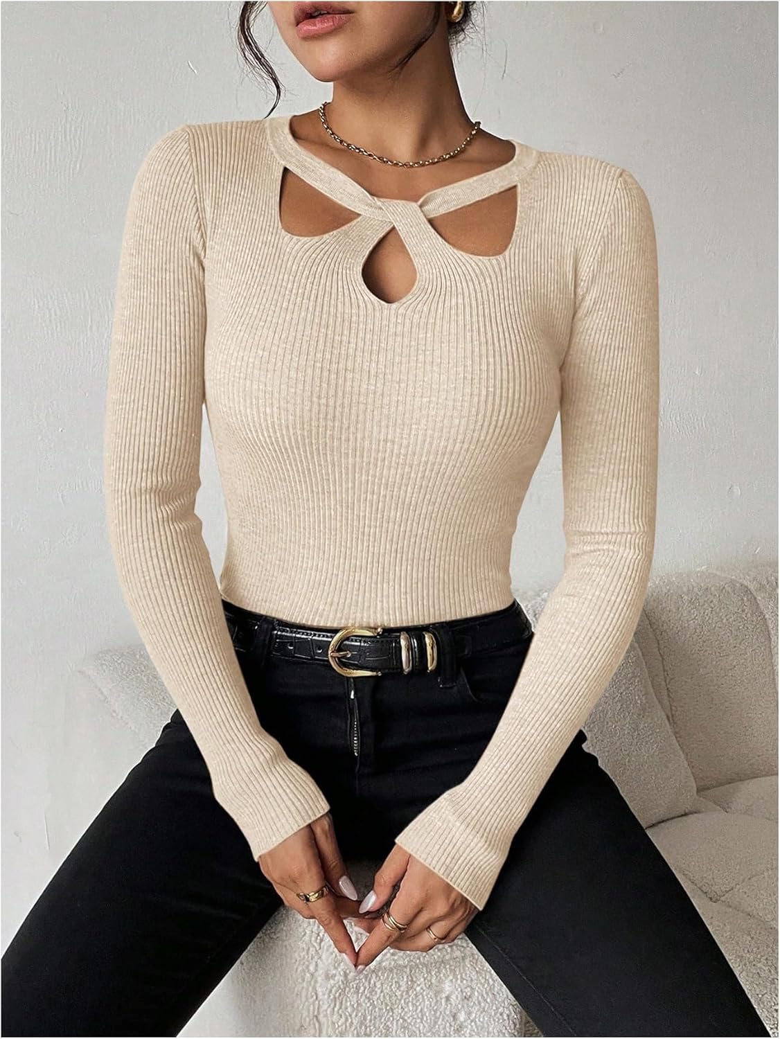 MakeMeChic Women's Ribbed Knit Top Cutout Twist Neck Long Sleeve Pullover Sweater - Image 4