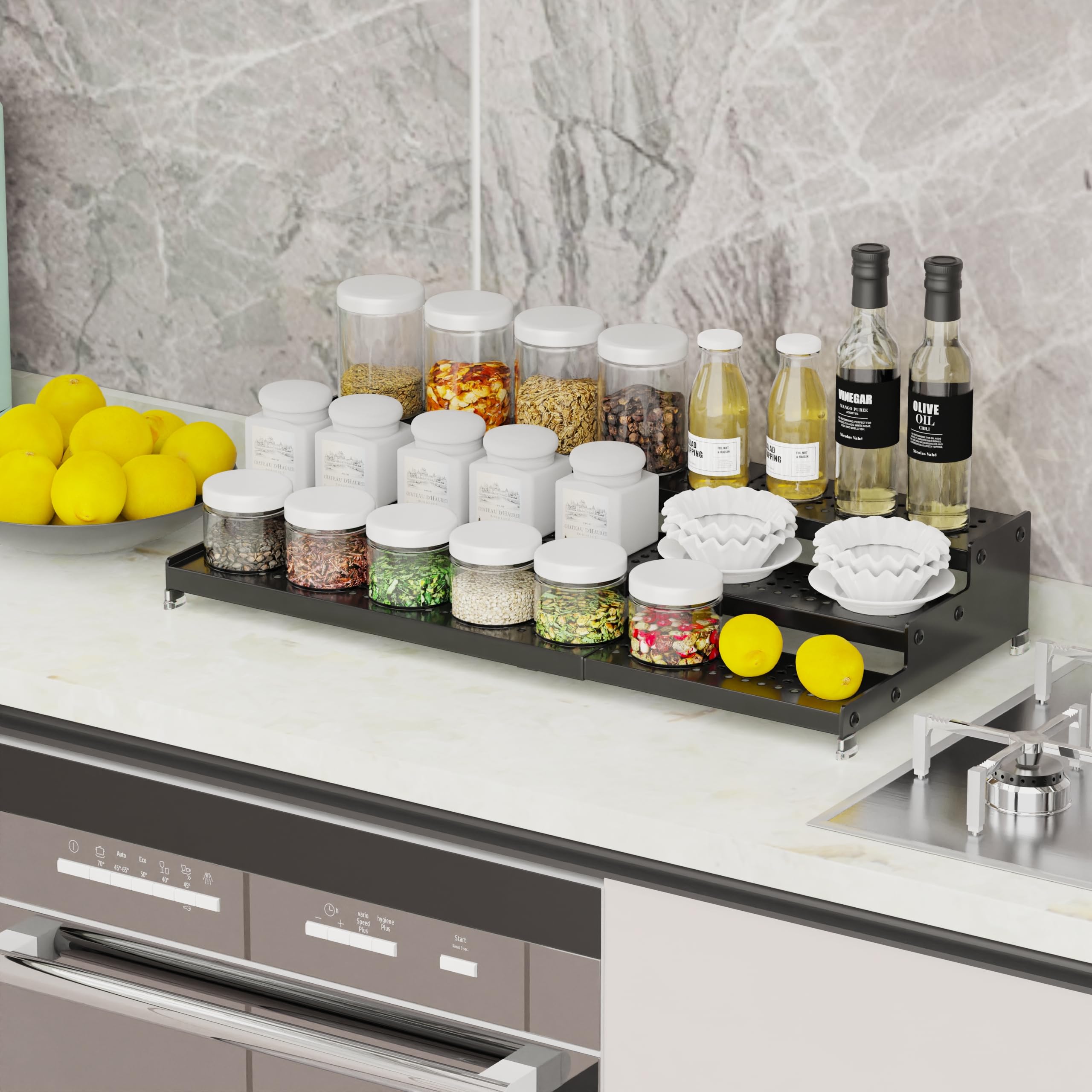Organizador expandible para especias con estante de 3 niveles, diseño moderno resistente, antideslizante y visibilidad, ideal para armario de cocina, baño, tocador, despensa y más (2 paquetes/negro)