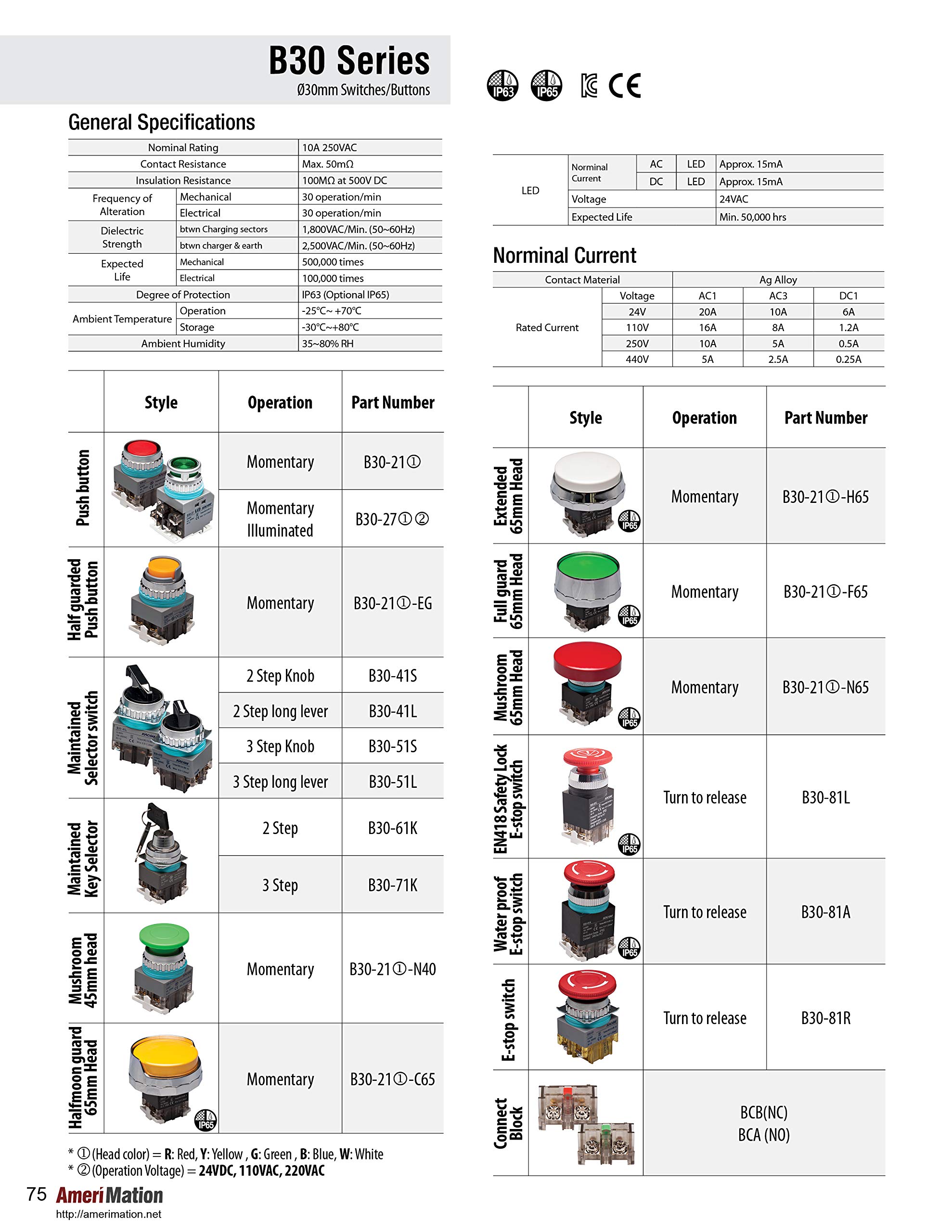 B30-41L, 30mm 2 Step Selector Switch, Long Lever, IP63, 110V 16A, 1NO 1NC