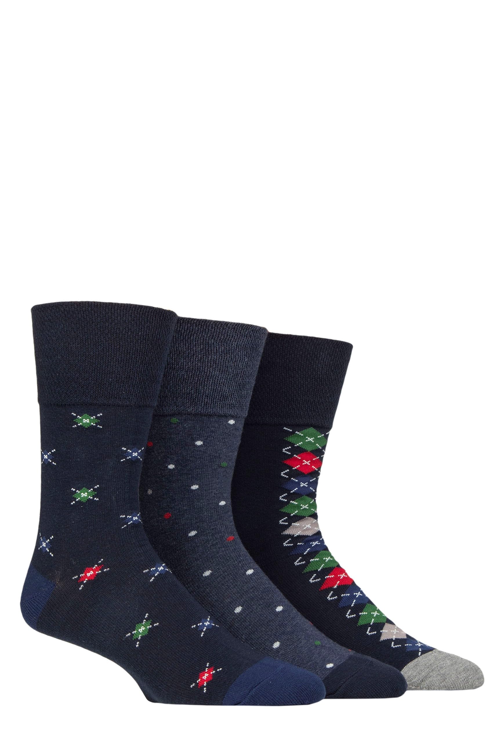SockShop Gentle Grip Mens Patterned Socks Argyle Striped Spotty Geometric Design, Casual Everyday Wear, Honeycomb Top Comfort Cuff, Pack of 3 - Motif Mid Denim 6-11