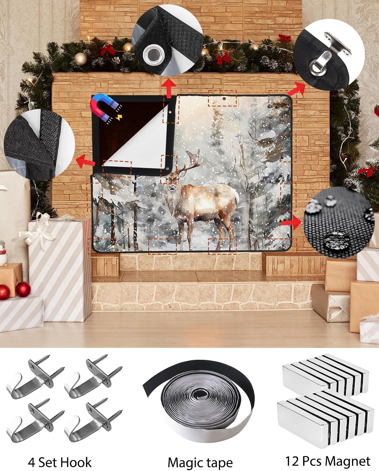 Winter Christmas Magnetic Fireplace Cover 45"x34", Forest Snowy Elk Pine Tree Decorative Fireplace Blanket Insulation Cover for Heat Loss, Indoor Outdoor Fireplace Draft Stopper Covers Protectors