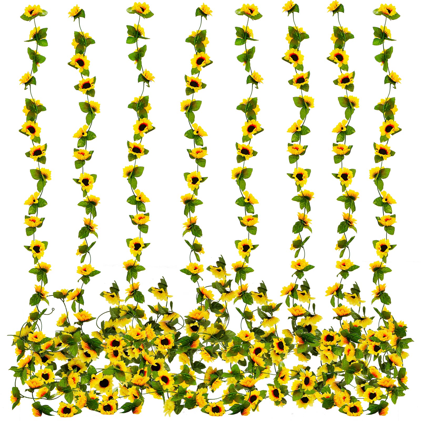 4 Stück künstliche Sonnenblumengirlande, hängende Seide, Sonnenblumen, Ranke mit grünen Blättern, hängende Blumengirlande für Zuhause, Hochzeit, Tischdekoration, Hintergrund