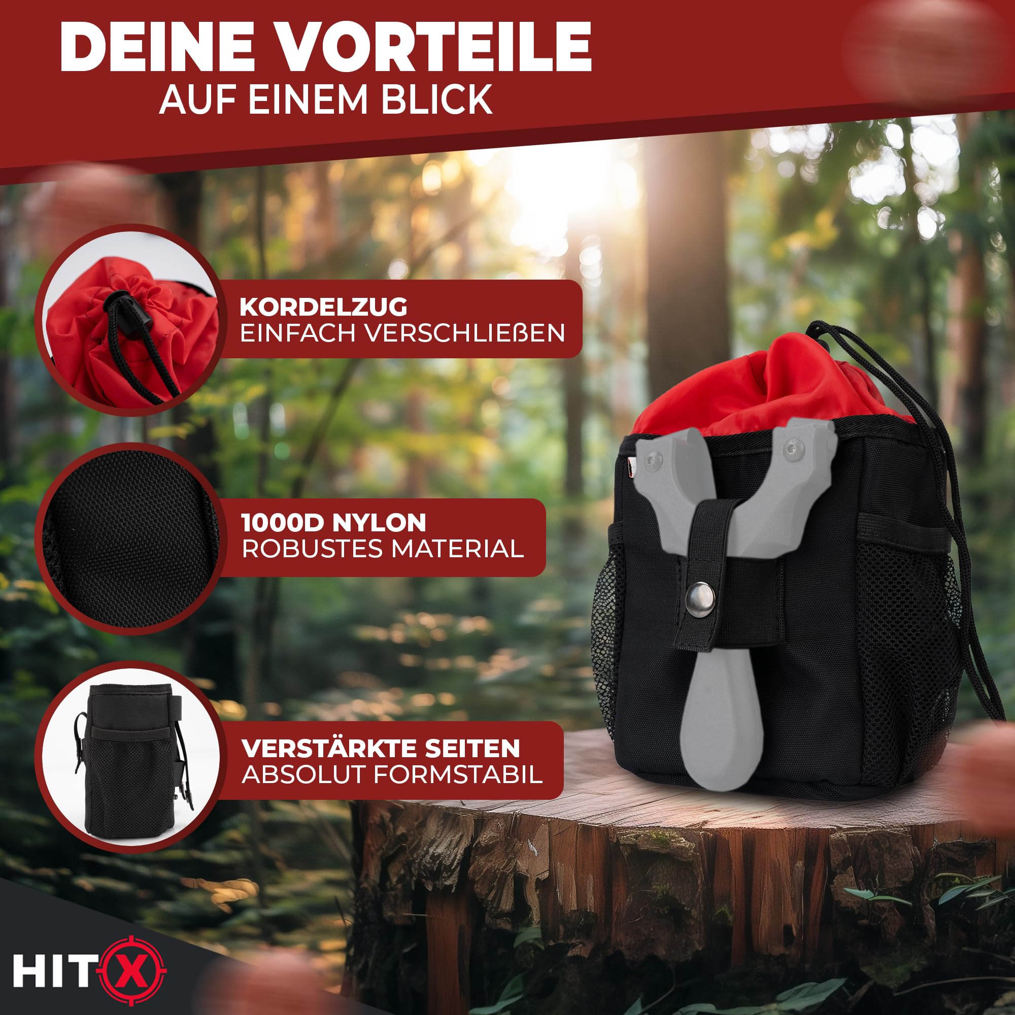 HITX® Steinschleuder Tasche mit Halterung für Zwille | Munitionstasche für Schleuder | Slingshot Beutel mit Gürtelbefestigung und Molle Tasche | Steinschleuder Munition Tasche Ultra Leicht [95g]
