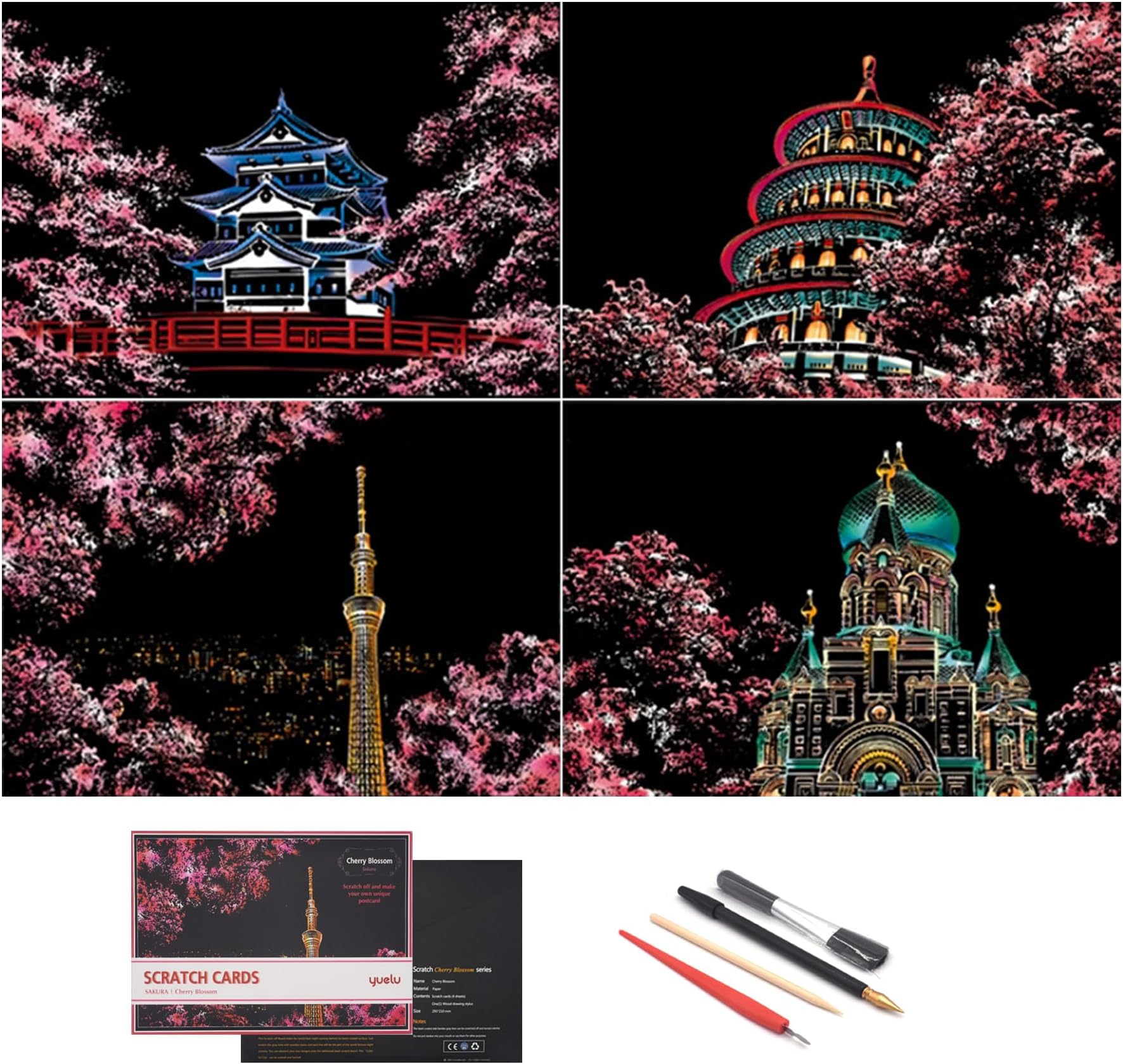 Scratch Paper Rainbow Painting Sketch, City Series Night Scene,Scratch Painting Creative Gift,Scratchboard for Adult and Kids,with 4 Tools,Size:11.7''x8.3''(A4) blue BTN-Scratch art-00011