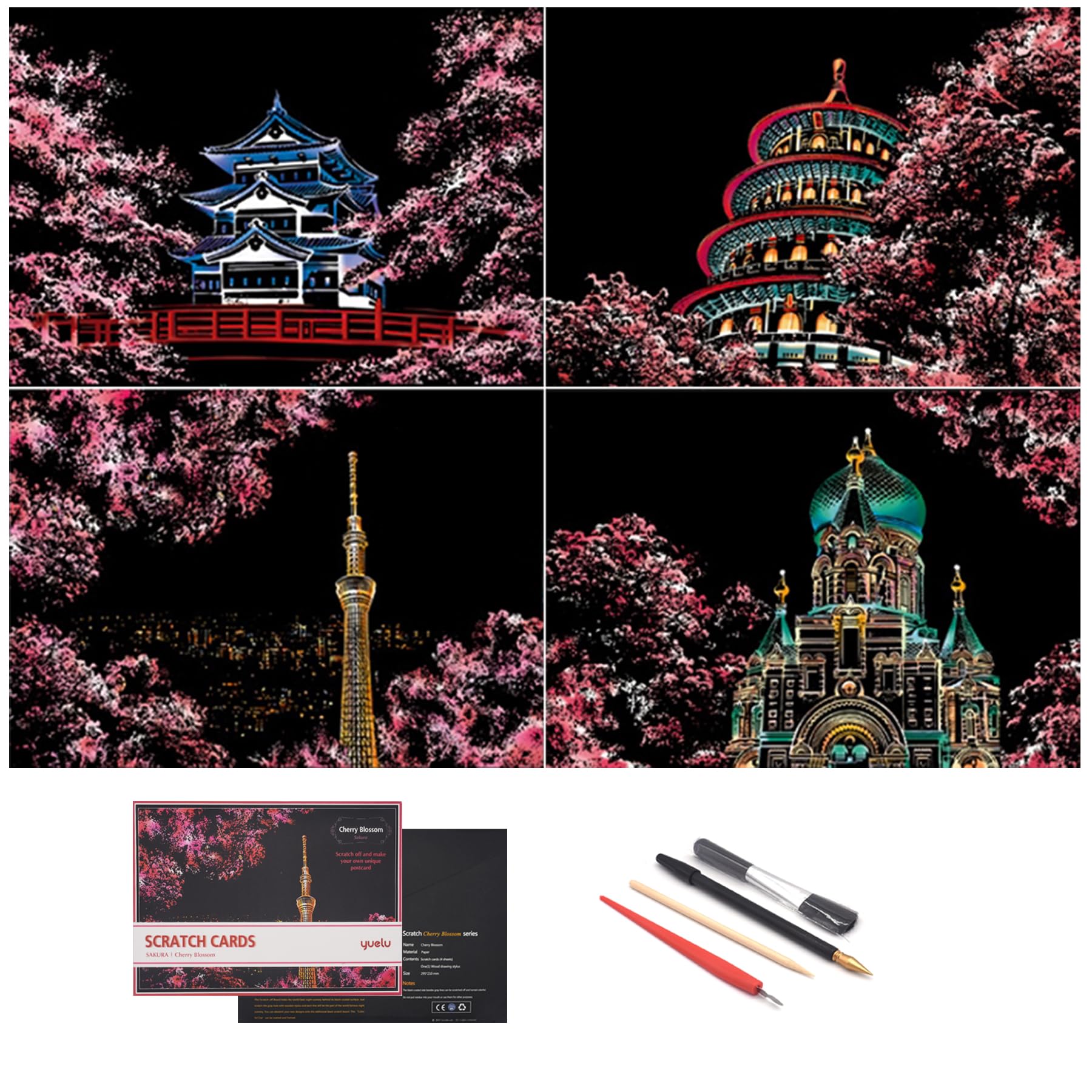 Scratch Painting Rainbow Paper by BOTEEN, Scratch &amp;Sketch DIY Art Craft City Series Night View Creative Gift, Scratchboard for Adults and Kids ,Craft Kits with 4 Tools (A4- 4pack）