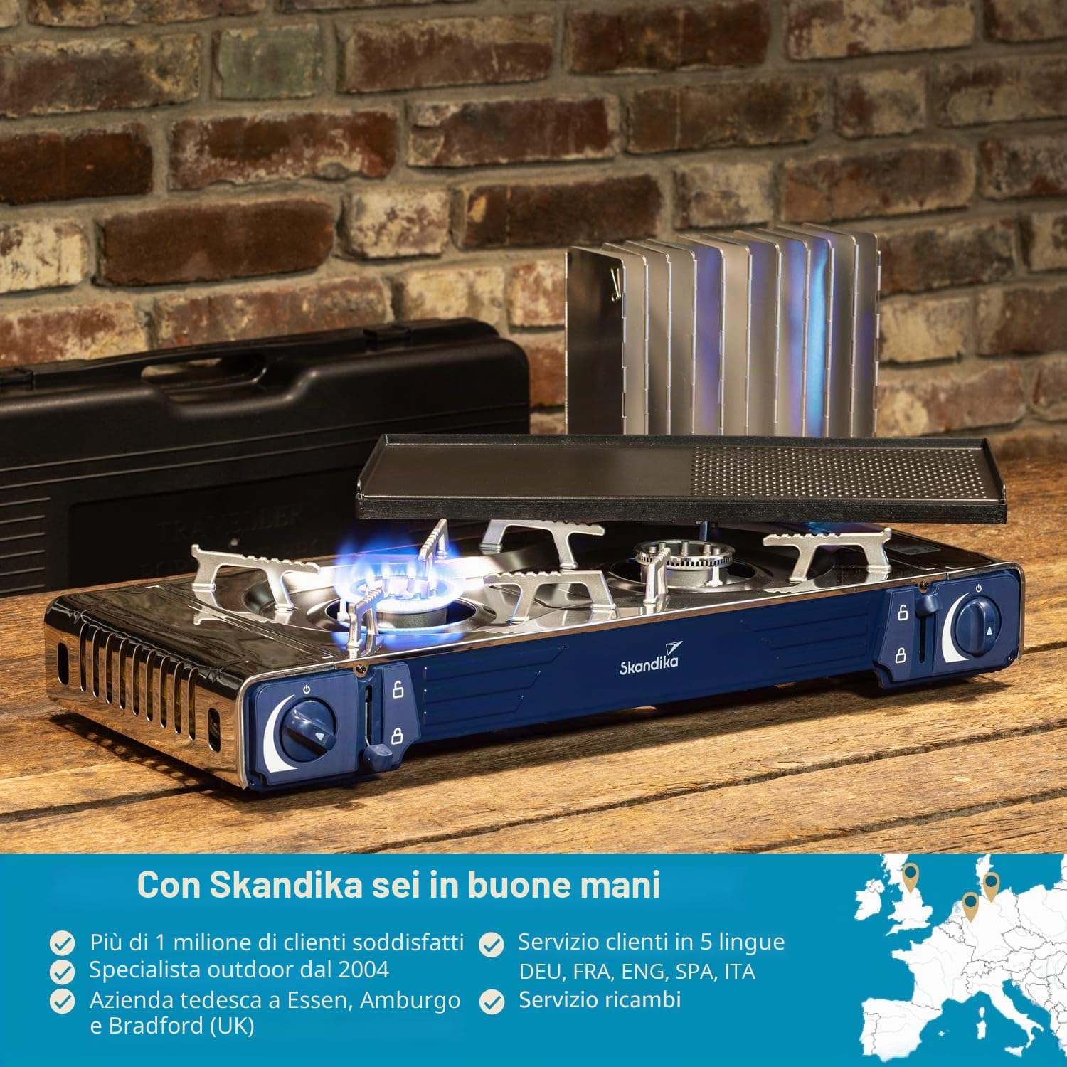 Skandika Fornello a gas Brann | robusto fornello da campeggio per cartucce a gas, valigetta, acciaio inox, regolazione continua, accenditore piezoelettrico (2 fiamme in un set)
