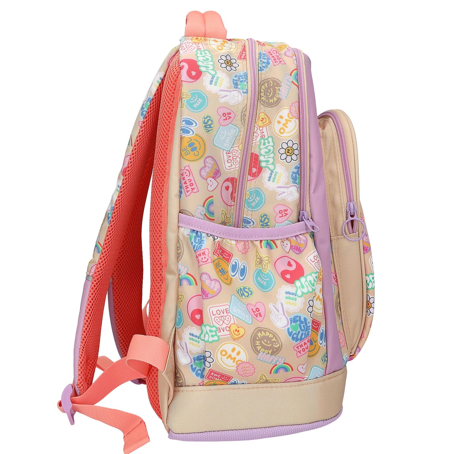 Depesche 13285 TOPModel Girl Power - Schulrucksack in Beige und Lila, mit Model Motiv und bunten Batches, Schultasche mit verstellbaren Trägern