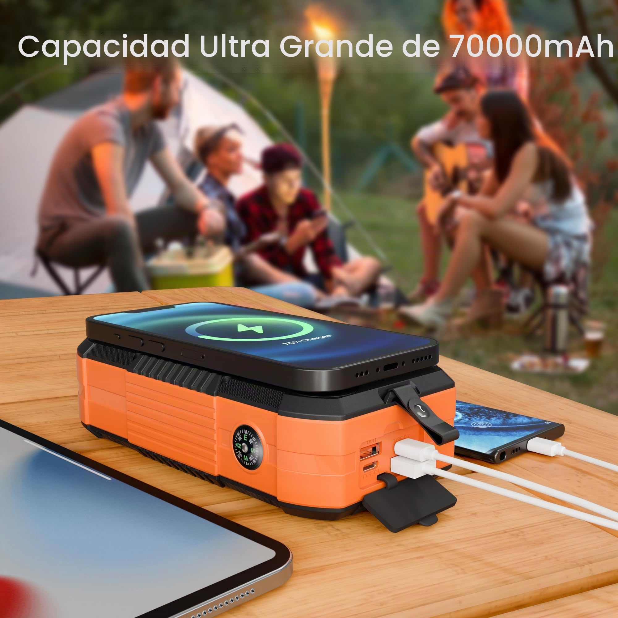 70000mAh Solar Power Bank con 30W PD Carga Inalámbrica Batería Externa de Gran Capacidad con 6 Salidas,Carga Rápida USB C Linterna LED,Brújula y Manivela Manual, para Campingal Aire Libre