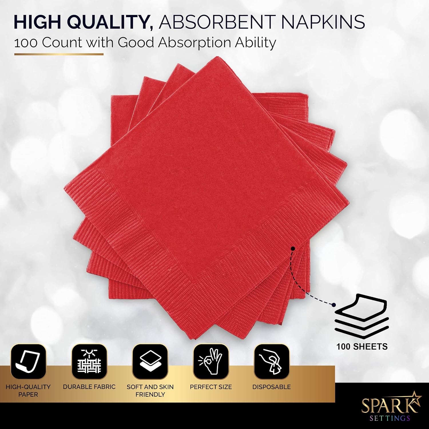 100 Pack Red Beverage Napkins, Big Party Pack, 2 Ply, Ideal for Wedding, Party, Birthday, Dinner, Lunch, Cocktails. (5” x 5”) by Amcrate