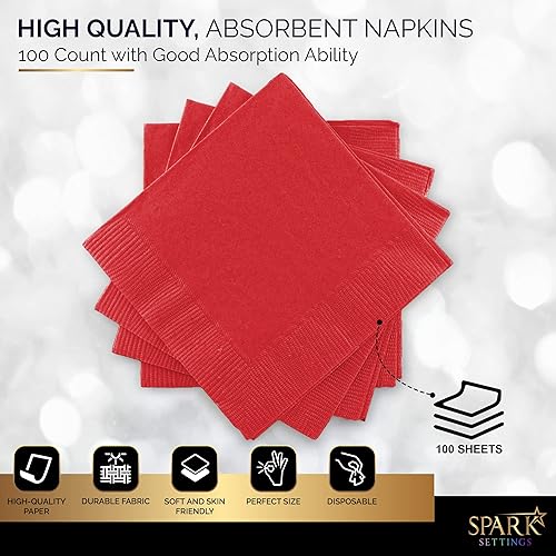 Miniatura 4 de Amcrate Paquete grande de 100 servilletas rojas para bebidas, ideal para bodas, fiestas, cumpleaños, cenas, almuerzos y cócteles (5 x 5 pulgadas)