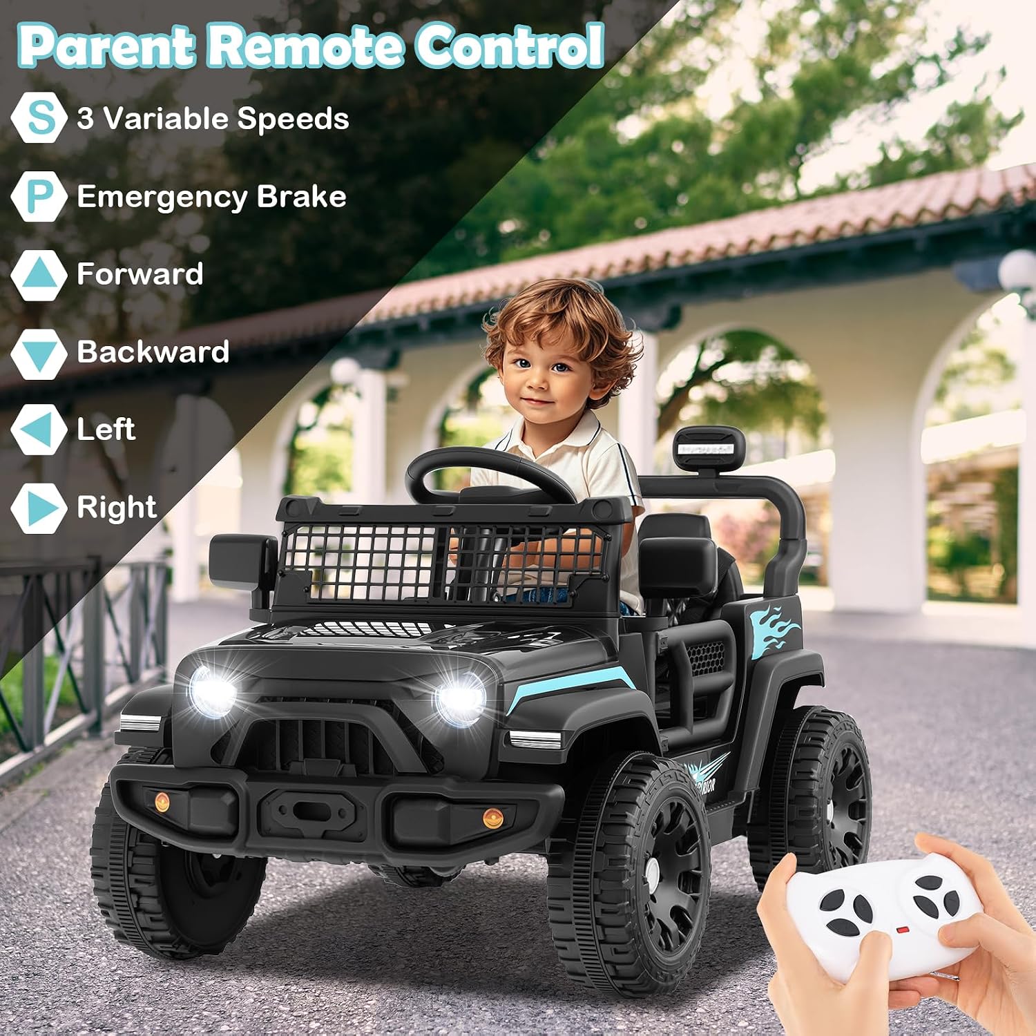 HONEY JOY 12V Kids Ride On Toy, Battery Powered Electric Truck Vehicle for Toddlers, Spring Suspension, LED Lights, 2 Speeds, Slow Start, Ride On Car with Remote Control, Gift for Boys Girls (Black)