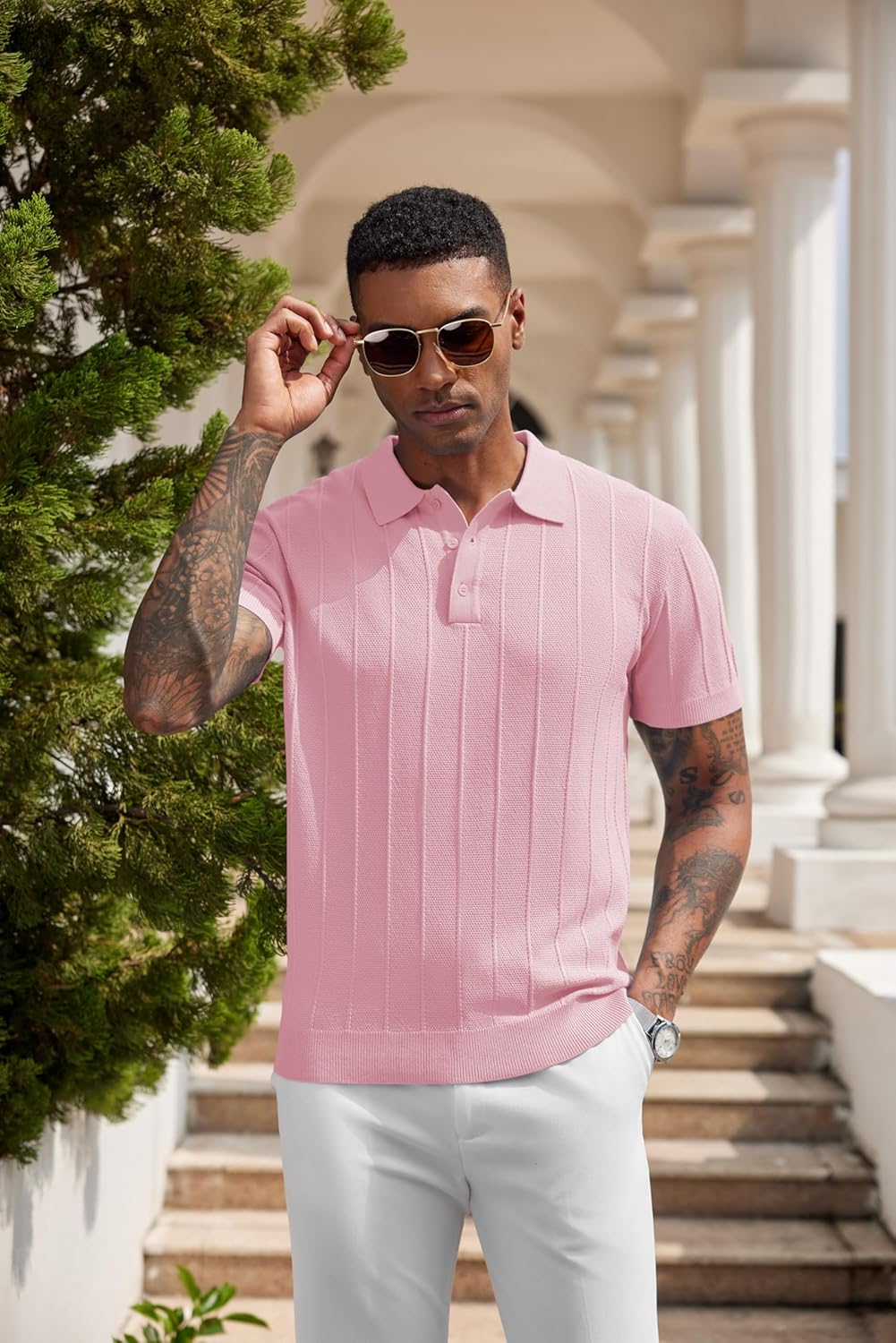 COOFANDY Mens Knit Polo Shirts Short Sleeve Ribbed Textured Polo Shirt Lightweight Casual Golf Shirts Collared T Shirt - Image 7