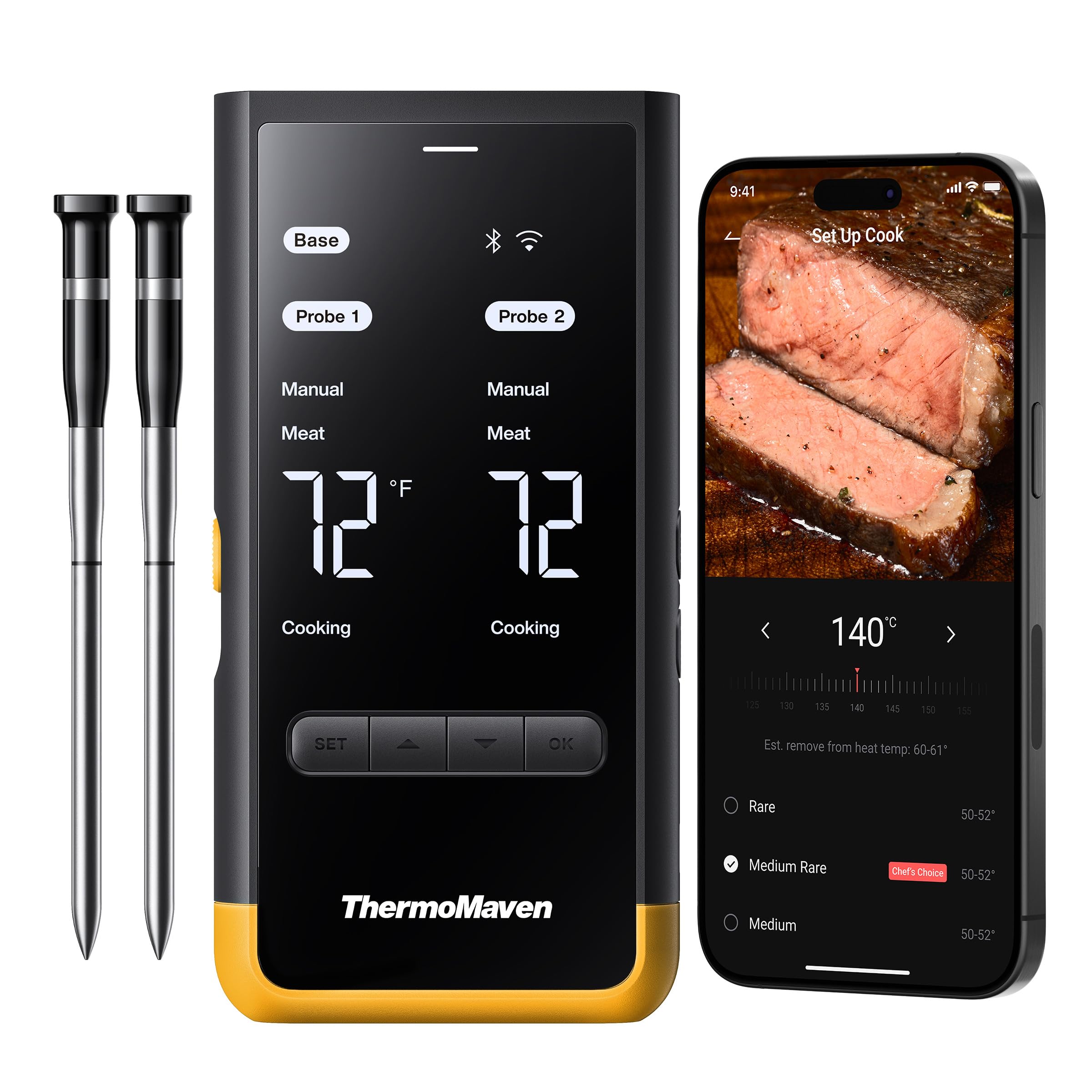 ThermoMaven P2 Kabellose Smarte Fleischthermometer – 152m Bluetooth 5.3, 2 Sonden 6 Sensoren, Unbegrenzte WiFi Überwachung Stabilität, IP67 Wasserdicht, Grill Ofen Küche Lebensmittel Heißluftfritteuse