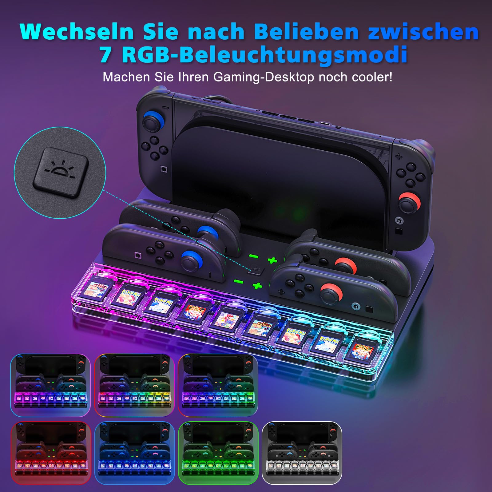 Switch Ladestation mit 7 RGB-Lichteffekten, 4 Joy-Con Schnellladung & 9 Spielkartenaufbewahrung, Universelles Zubehör für Switch Konsole