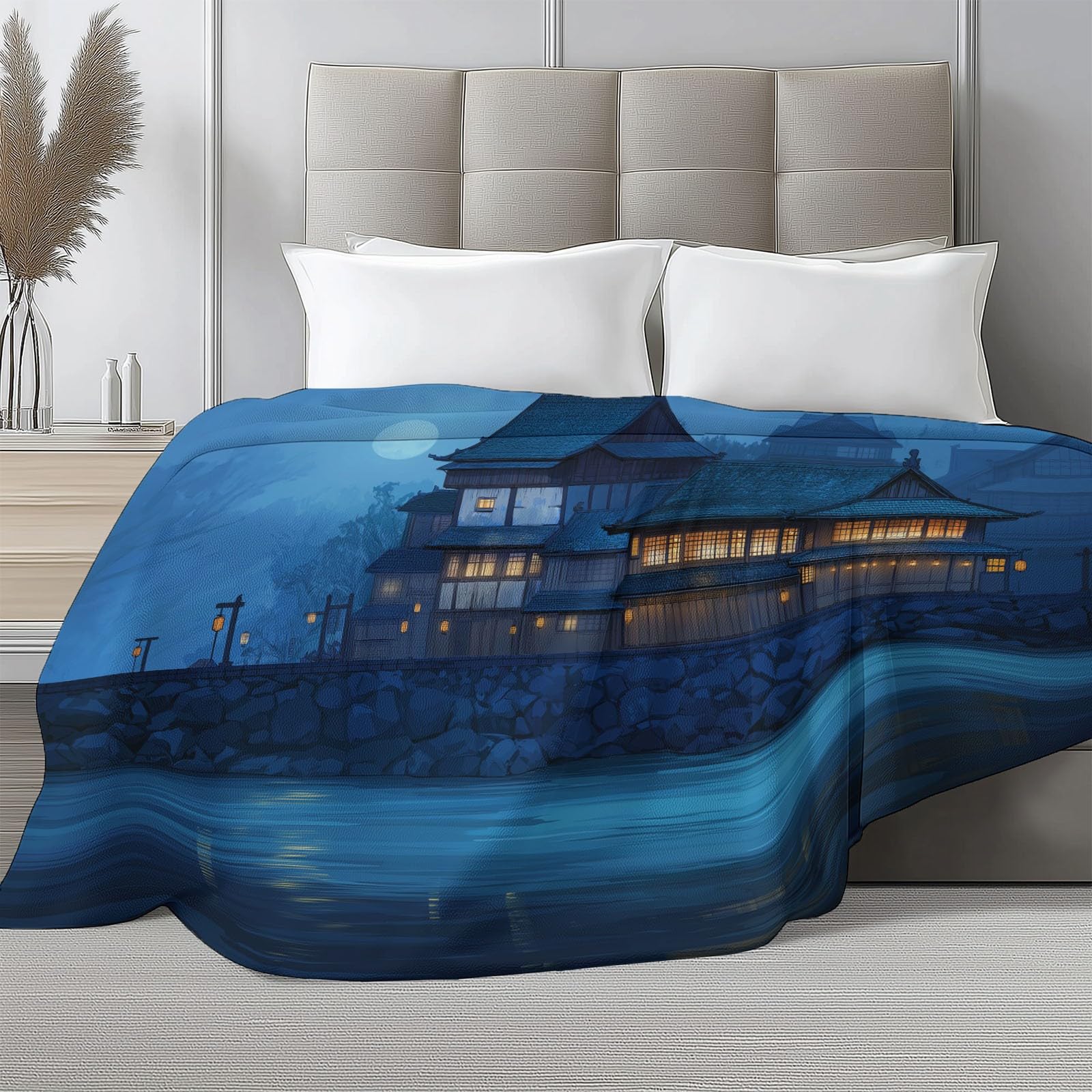 Puszysty granatowy flanelowy koc na sofę, łóżko, krzesło, miękka tradycyjna pościel nocna nad rzeką, 220 x 240 cm, dekoracyjny, ultramiękki koc na łóżko dla dzieci, nastolatków, dorosłych, 220 x 240