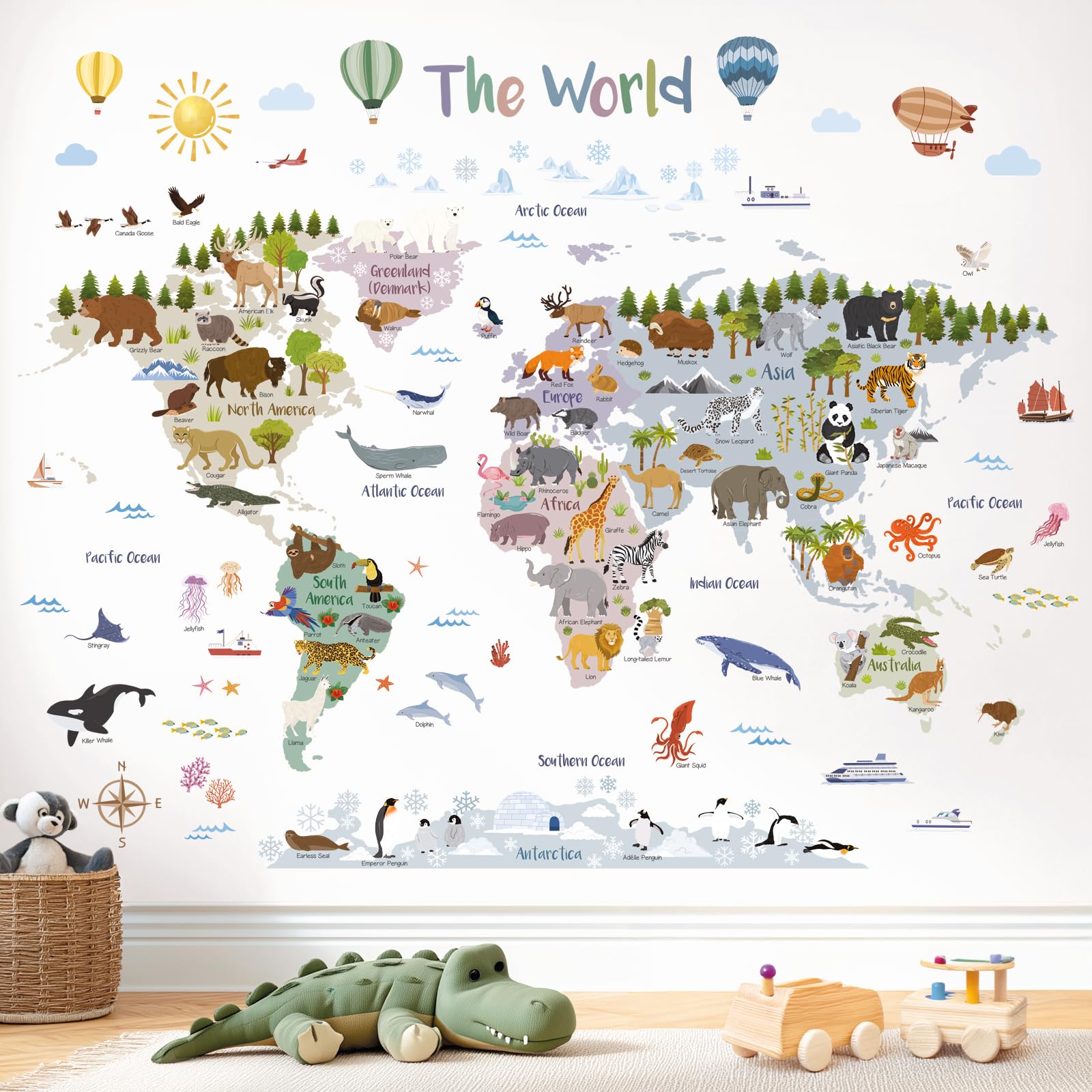 Decowall Boho Animal World Map Wall Stickers (105X83cm) – Large Educational Decals For Nursery & Kids Bedroom (Sg2-2516)