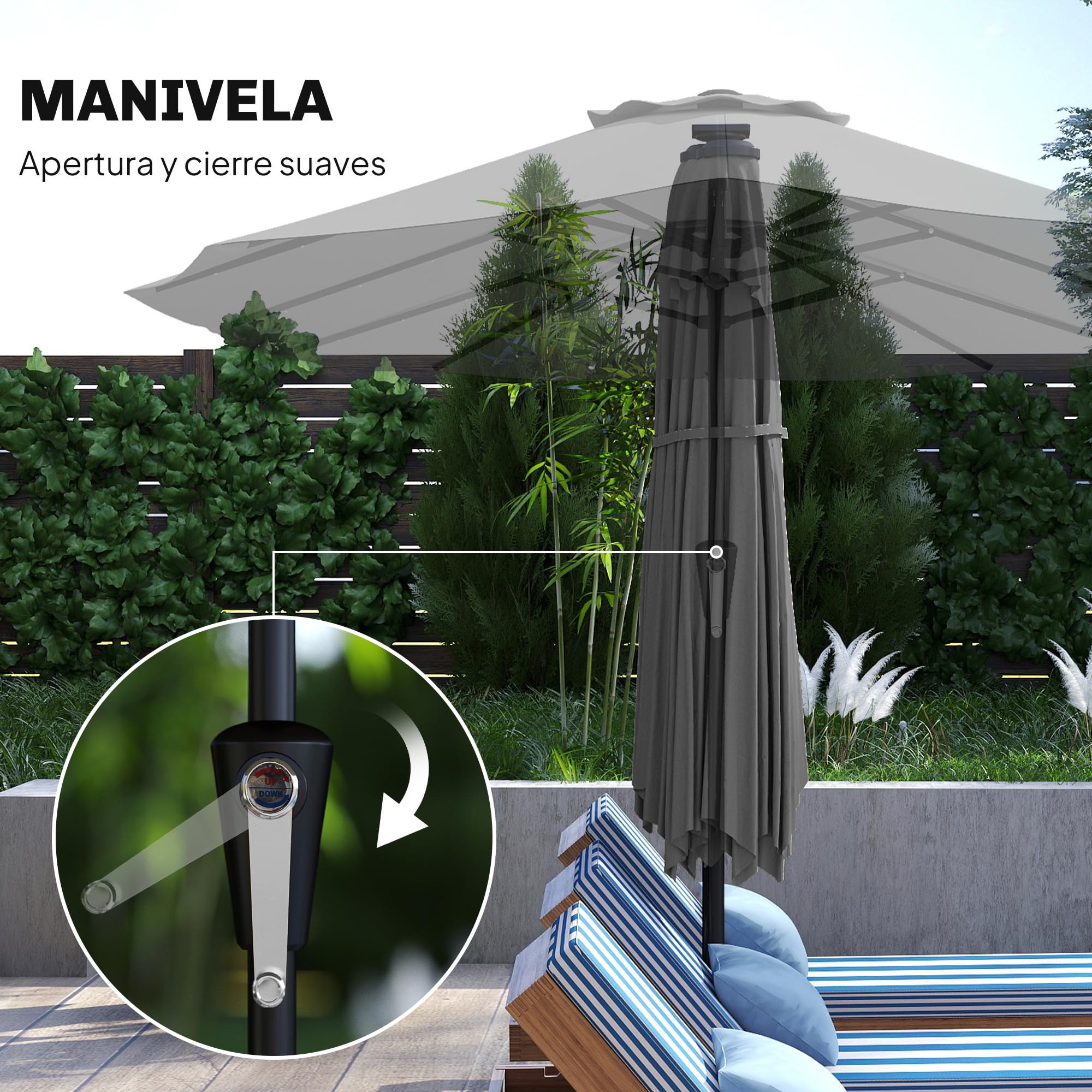 Outsunny Sombrilla Doble con 36 Luces LED Solares, 4x2 m, Sombrilla Terraza Exterior con Manivela, UPF50+, 12 Varillas, Resistente al Agua, Parasol para Jardín, Terraza, Patio — view 8