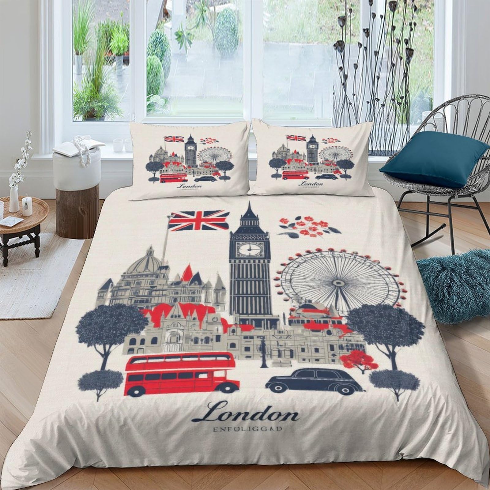 Ctjqhvkz Style-2 3D Printed London Cityscape Fitted Sheet Microfiber Soft Red Bus Big Ben Bed Cover For Bedroom Guest Room Decor Single（135X200cm）
