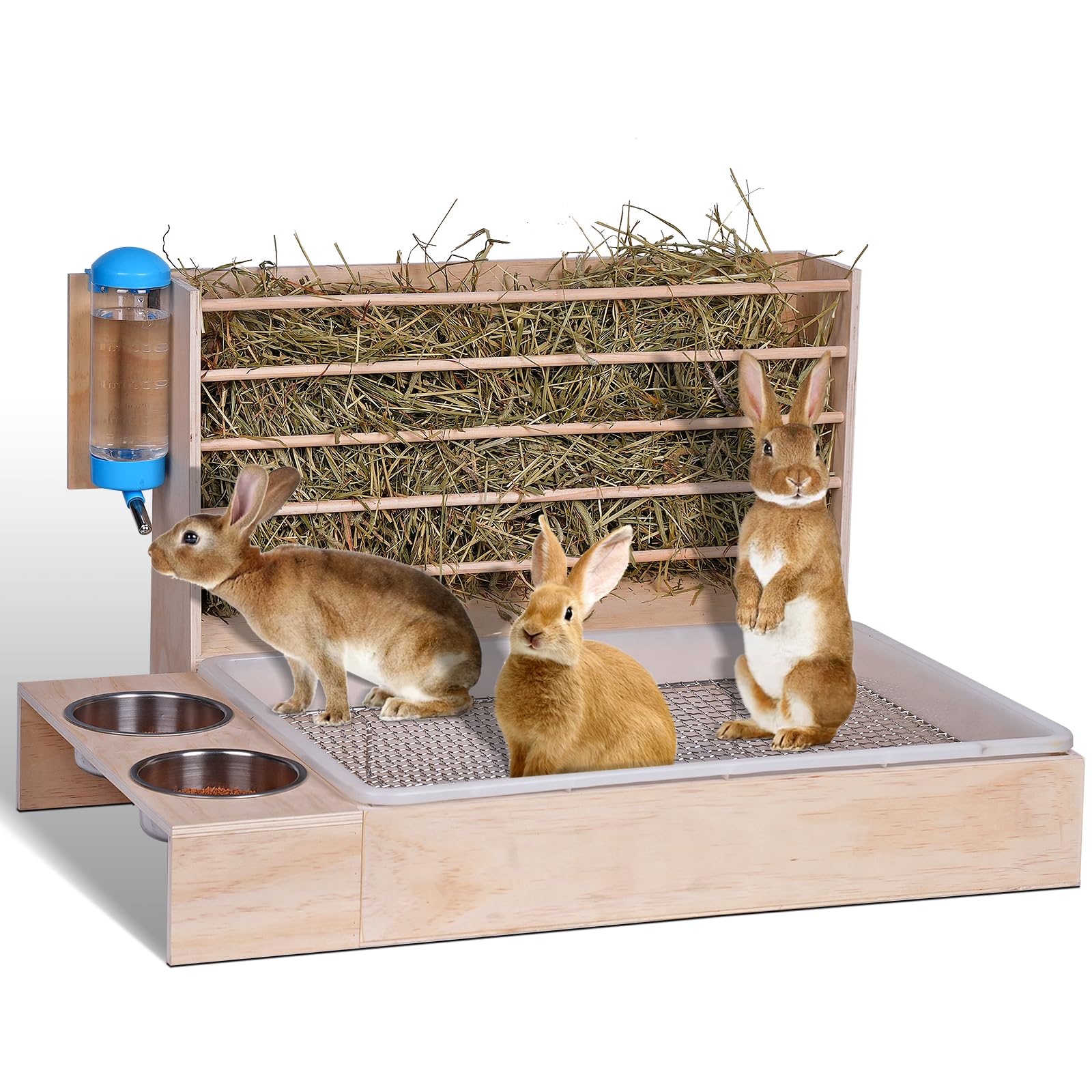 4 in 1 Groß Heuraufe Kaninchen Holz Futterspender Heu Kaninchen mit Katzentoilette Wasserflasche Futternäpfe für Hamster Hölzerner Hasenfutterautomat Heuhaltergestell für kleine Haustiere