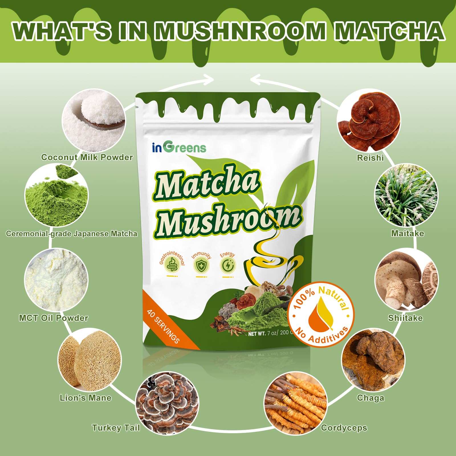 200g Mushroom Matcha - Super Premium Blend Matcha Mushroom Powder with MCT Reishi Lions Mane for Immune Strengthen — view 3