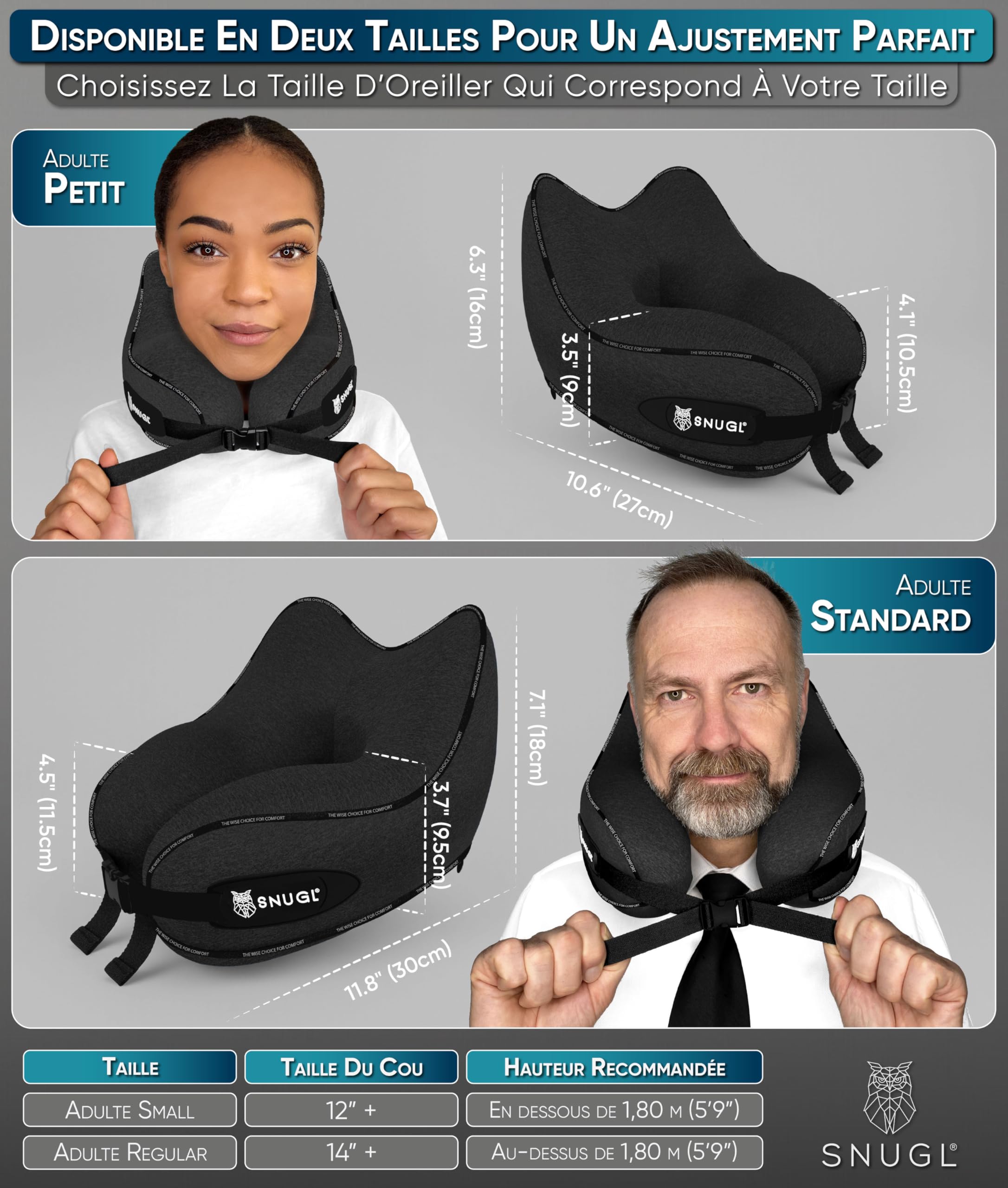 SNUGL Oreiller memoire Forme Ergonomique | Coussin de Voyage Avion Confortable | Oreiller de Voyage avec Tour de Cou | Accessoire pour Train, Voiture, Avion (Noir - Régulière)
