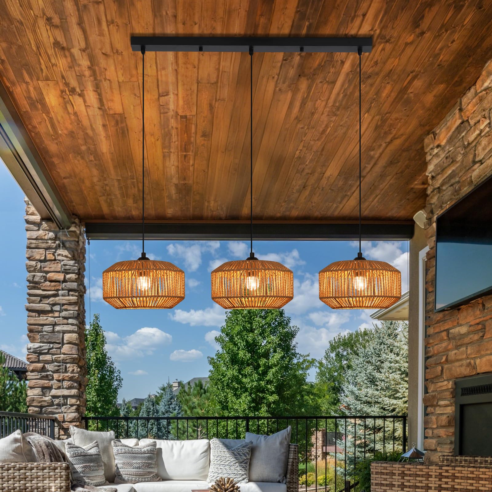 Pendelleuchte Boho Hängelampe Rattan Lampe Hängend Höhenverstellbar | Hängeleuchte Esszimmer 3 flammig Esstischlampe Retro Design mit E27 Fassung für Schlafzimmer Wohnzimmer/Ohne Leuchtmittel