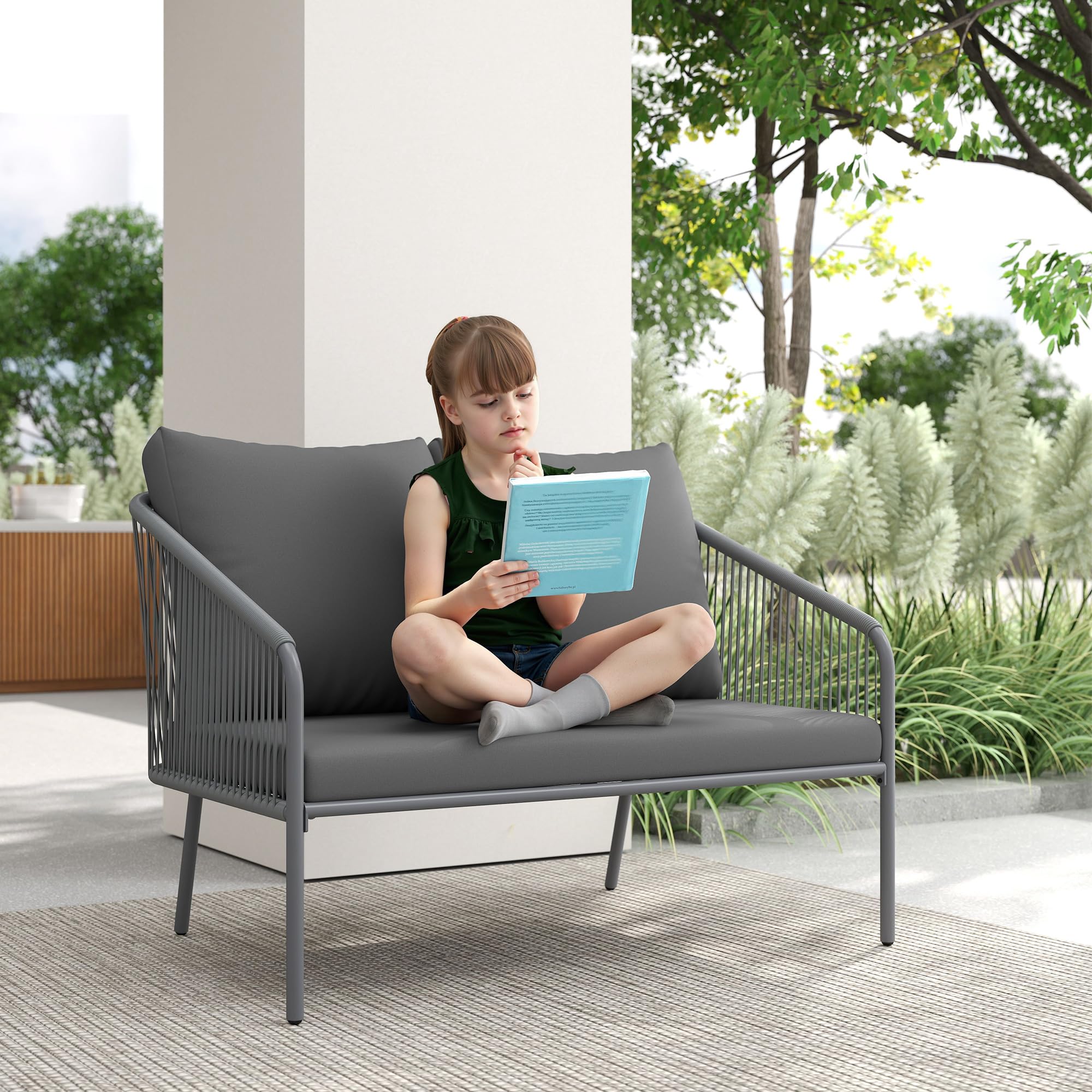 Outsunny Sofá Jardín con Cojines 2 Plazas Exterior 112x72x76 cm Gris | Sofá de ratán para balcón, muebles de patio de polirratán
