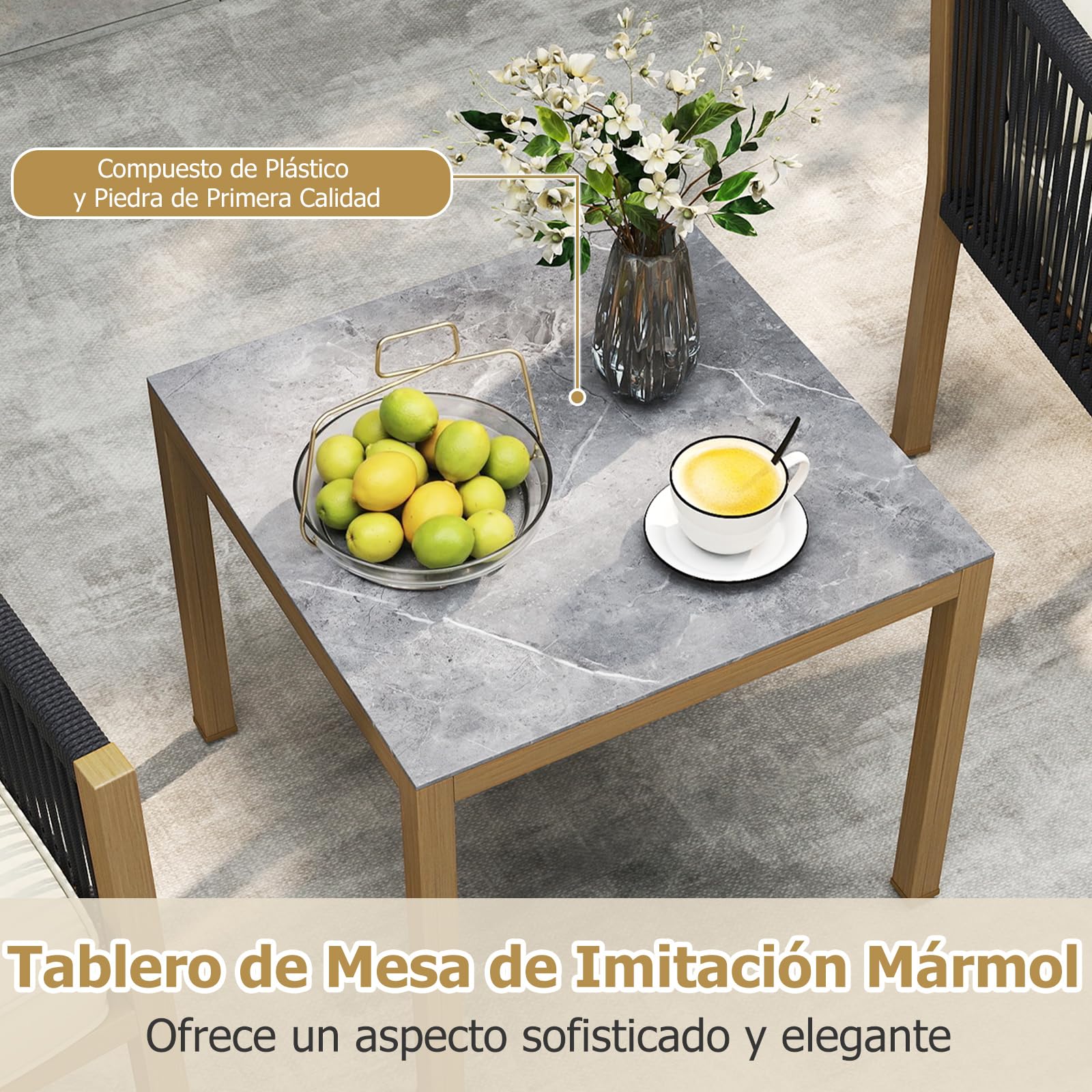 COSTWAY Conjunto Jardin Exterior, Juego de Bistró de Patio de 3 Piezas, Conjunto de Muebles de Conversación de Cuerda Tejida con Cojines, Juego de Mesa Auxiliar y Sillas de Exterior para Porche Balcón