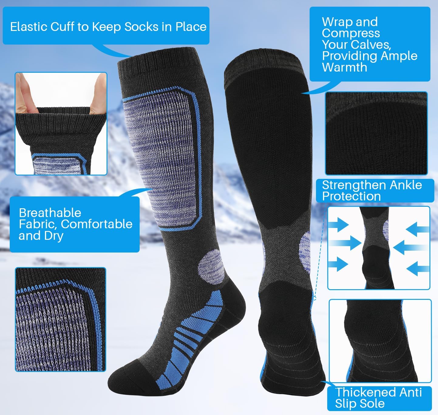 3 Pairs Merino Wool Ski Socks Men, Winter Thermal Knee High Long Socks for Men Women Snowboarding, Snow - Image 4