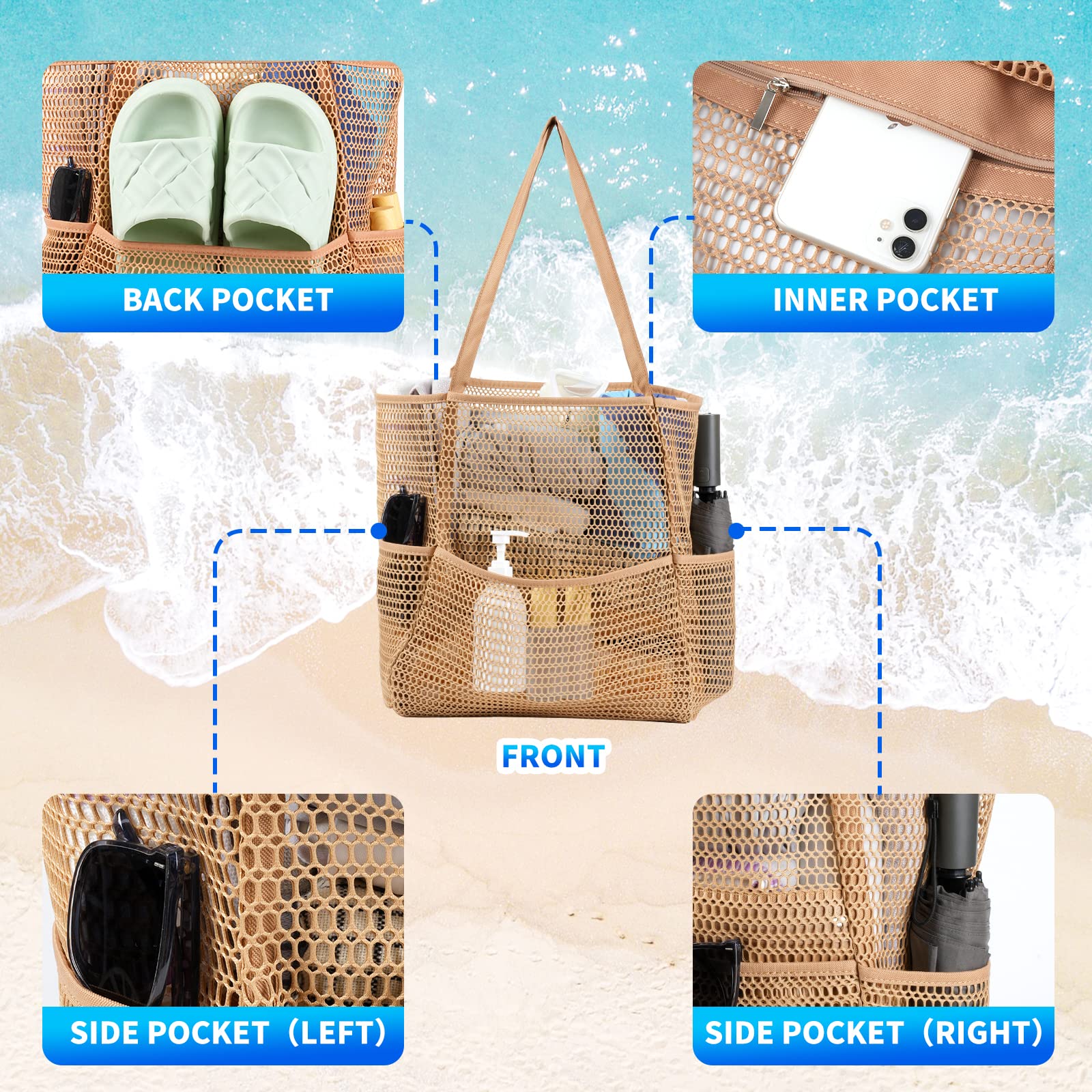 Borsa da Spiaggia Pieghevole in Rete Grande, Donna, Tasche Multiple e Cerniera, per Viaggi Picnic