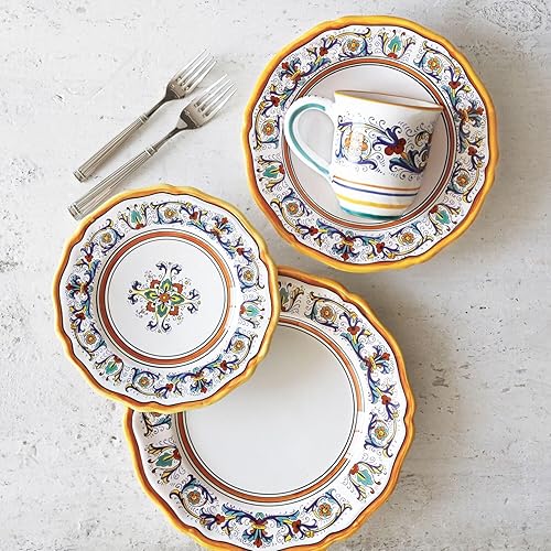 Miniatura 5 de Sur La Table Nova Deruta - Juego de vajilla de cerámica de 16 piezas, tazas de diseño floral de inspiración italiana, platos llanos, platos de