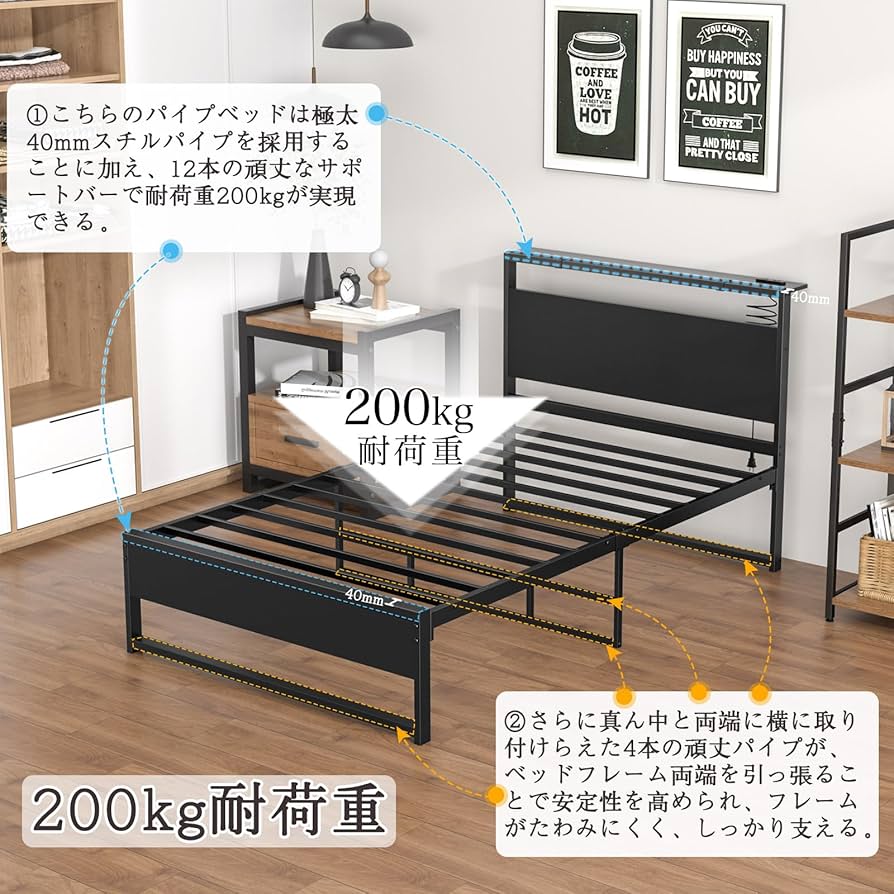 【お得】ベッドフレーム木製 パイプフレーム 【セミダブル SD】BLACK Amazon｜[2025改良型]Rebebe ベッドフレーム セミダブルベッド パイプ
