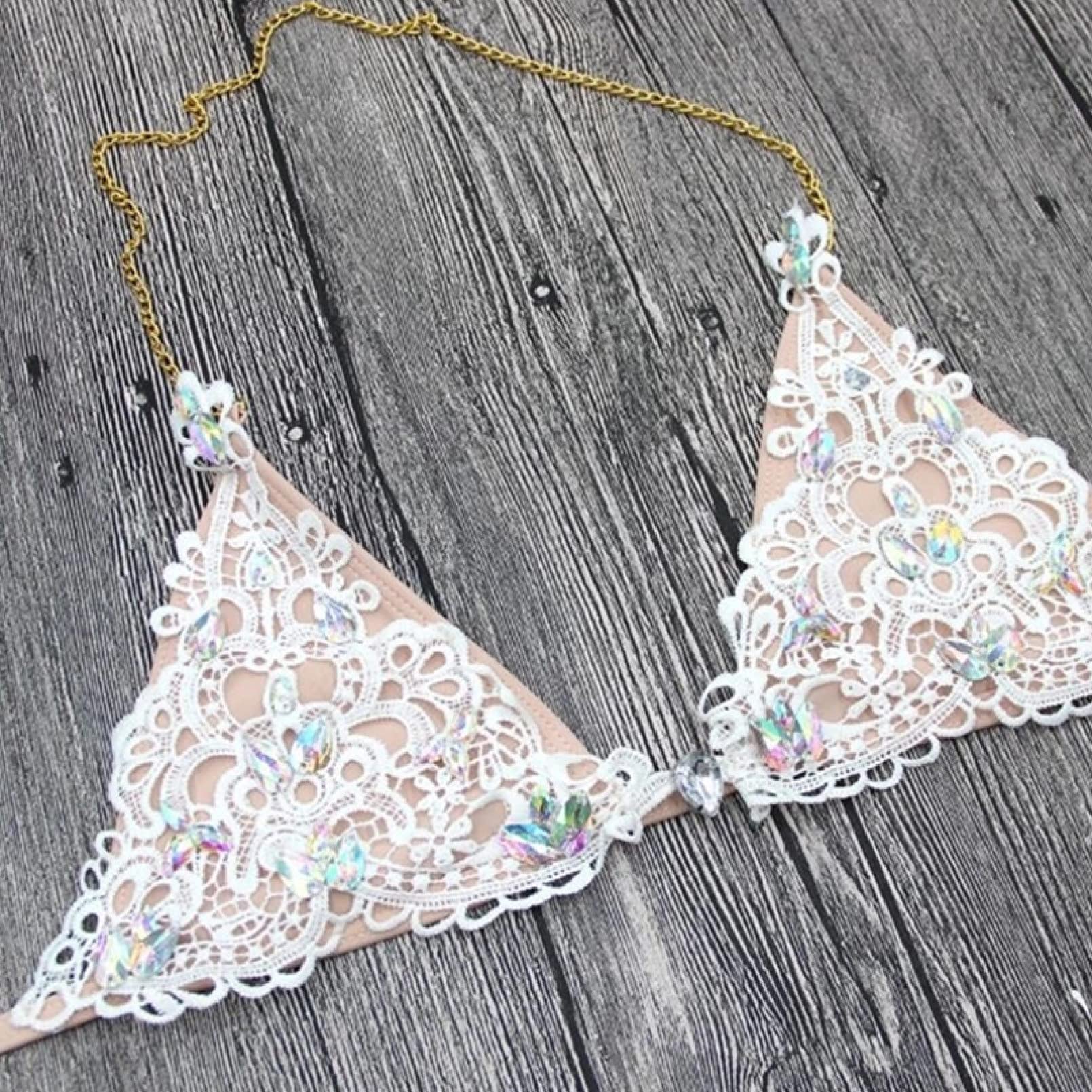 BAJIE Strój bikini zestaw bikini kostium kąpielowy haft łańcuch koronka dzielone bikini bez rękawów majtki dla dziewczynek stroje plażowe różowy L