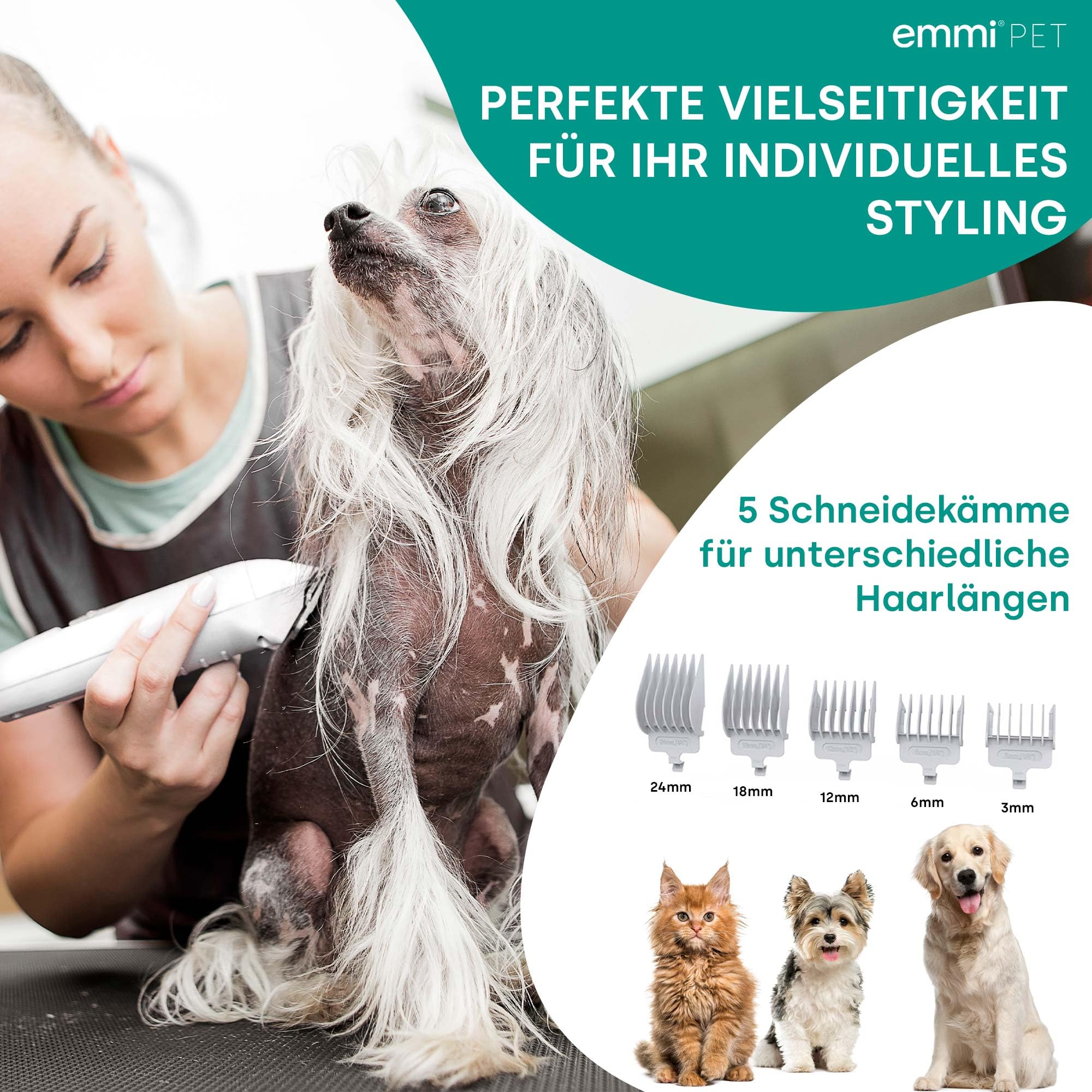 Emmi-pet Grooming Kit Pro – 8 en 1 – Esquiladora para perros con aspiradora, esquiladora, peine y 8 cepillos profesionales – 3 niveles de succión para perros y gatos – Cuidado de las uñas y depósito