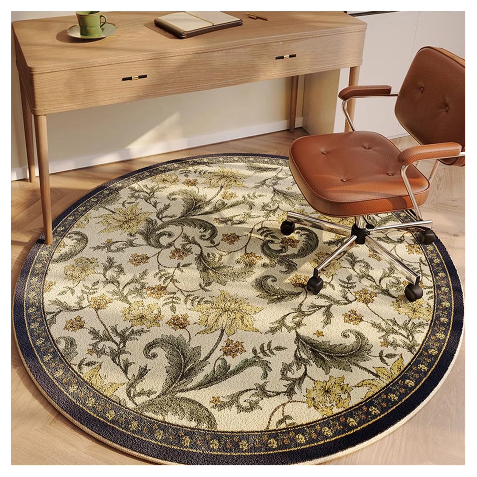 Ergocar Bomisian Style Round Carpet Retro Carpet Ultra-Thin Soft Non-Slip Washable Suitable For Bedroom, Entrance, Dining Room, Family Dormitory
